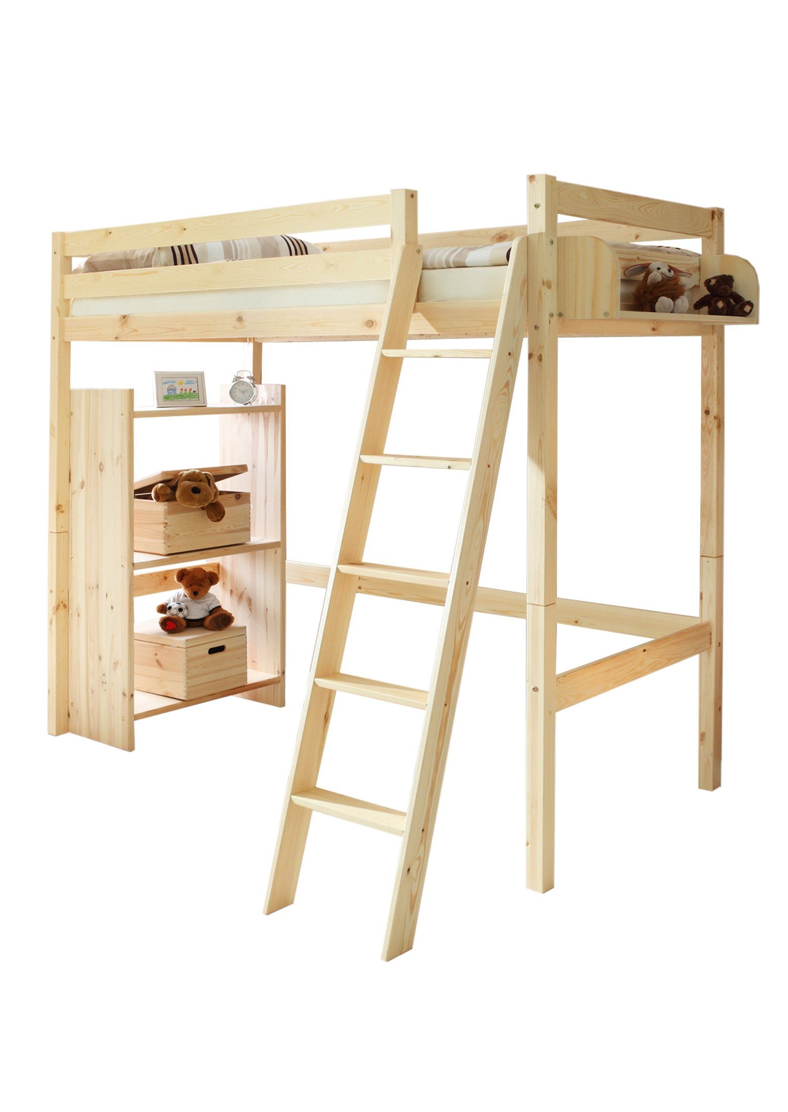 Ticaa Hochbett Hochbett Hochschläfer "Matthias" Kiefer Natur Massives Qualitätsholz, Schrägleiter beidseitig montierbar