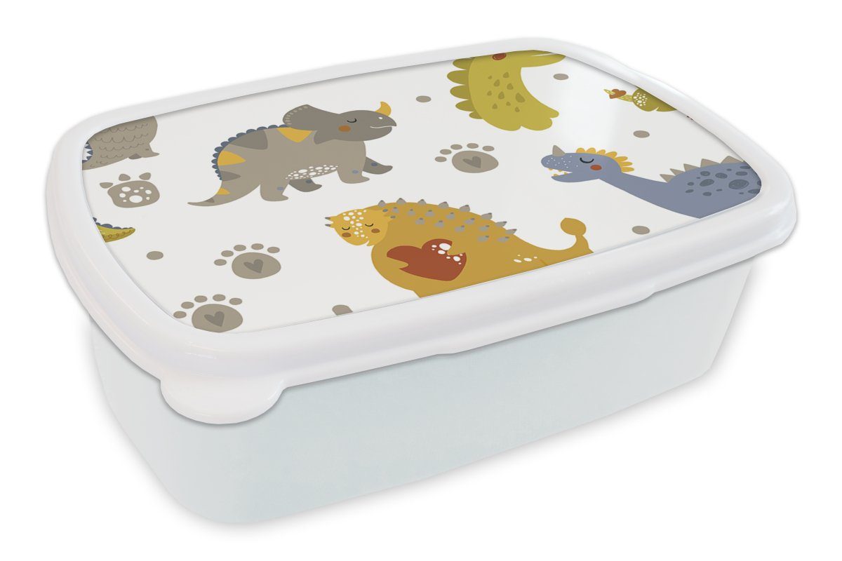 MuchoWow Lunchbox Dinosaurier - Kinder - Design - Jungen - Mädchen - Kinder, Kunststoff, (2-tlg), Brotbox für Kinder und Erwachsene, Brotdose, für Jungs und Mädchen weiß