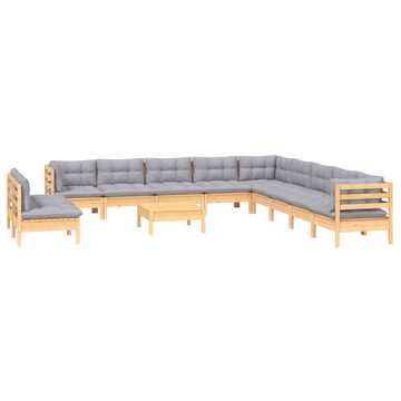 vidaXL Gartenlounge-Set 12-tlg. Garten-Lounge-Set mit Grauen Kissen Massivholz Kiefer, (1-tlg)