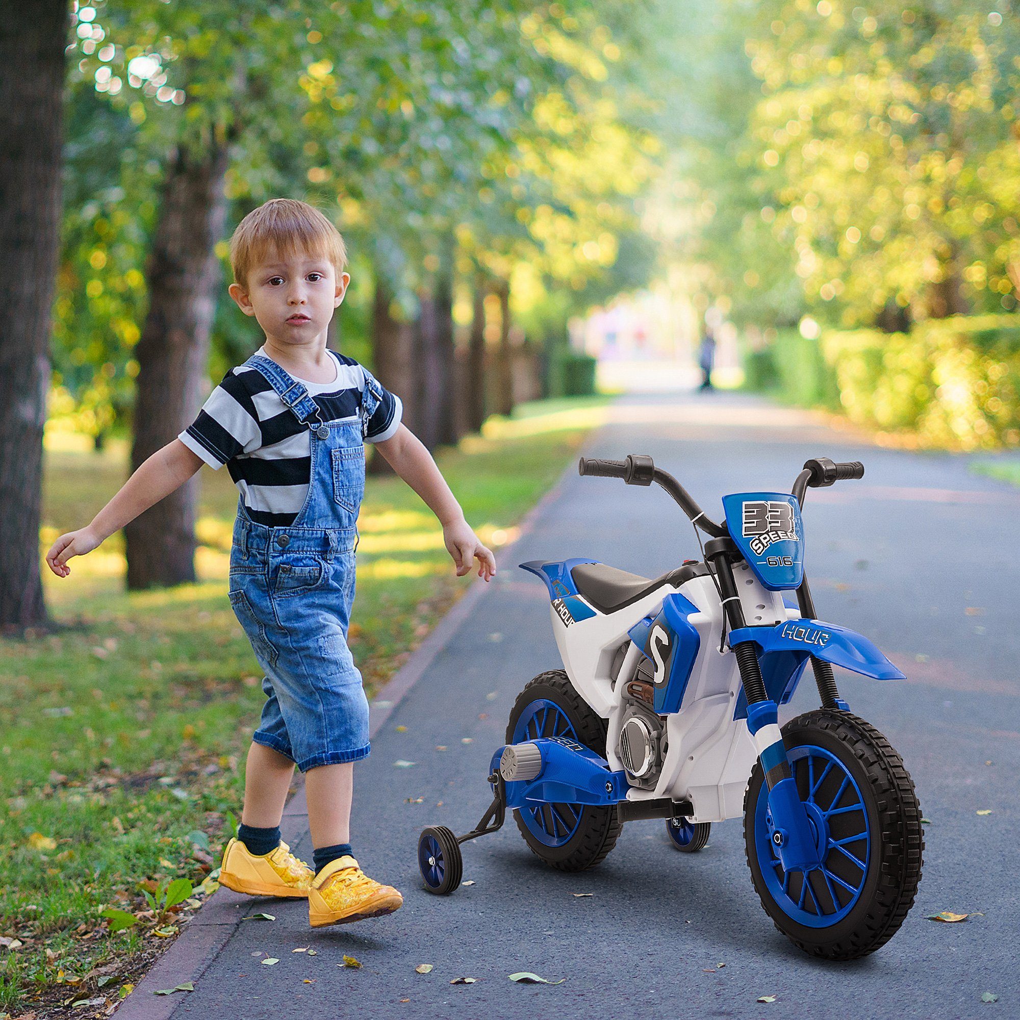 HOMCOM Elektro-Kindermotorrad Elektrofahrzeug mit 2 abnehmbaren Stützrädern ab 3 Jahre Blau+Weiß, Belastbarkeit 30 kg, (1-tlg), 106.5L x 51.5B x 68H cm