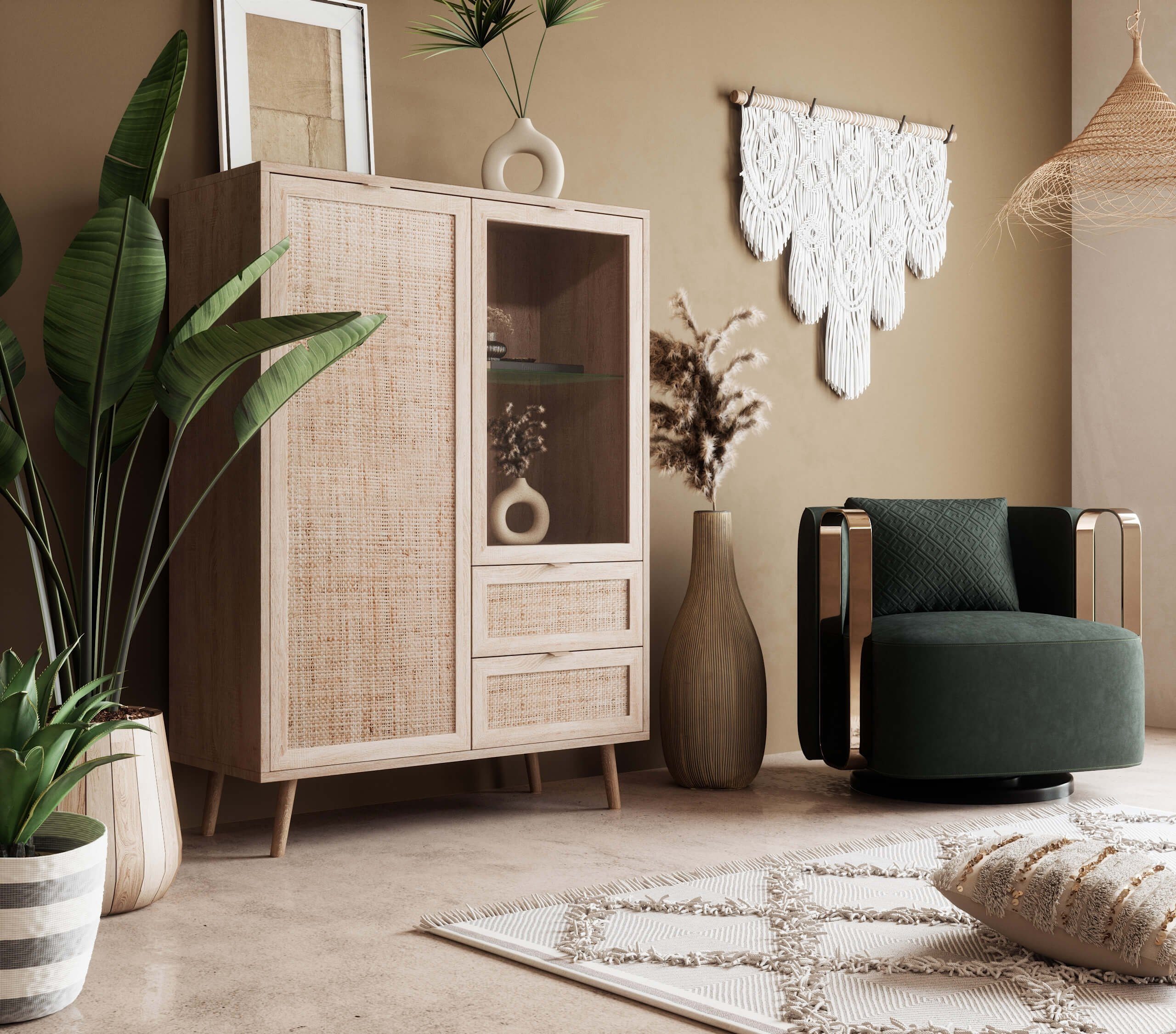 Newroom Highboard Rattan Optik 102 cm, Highboard Sonoma Eiche Rattan Optik Modern Boho Sideboard Kommode