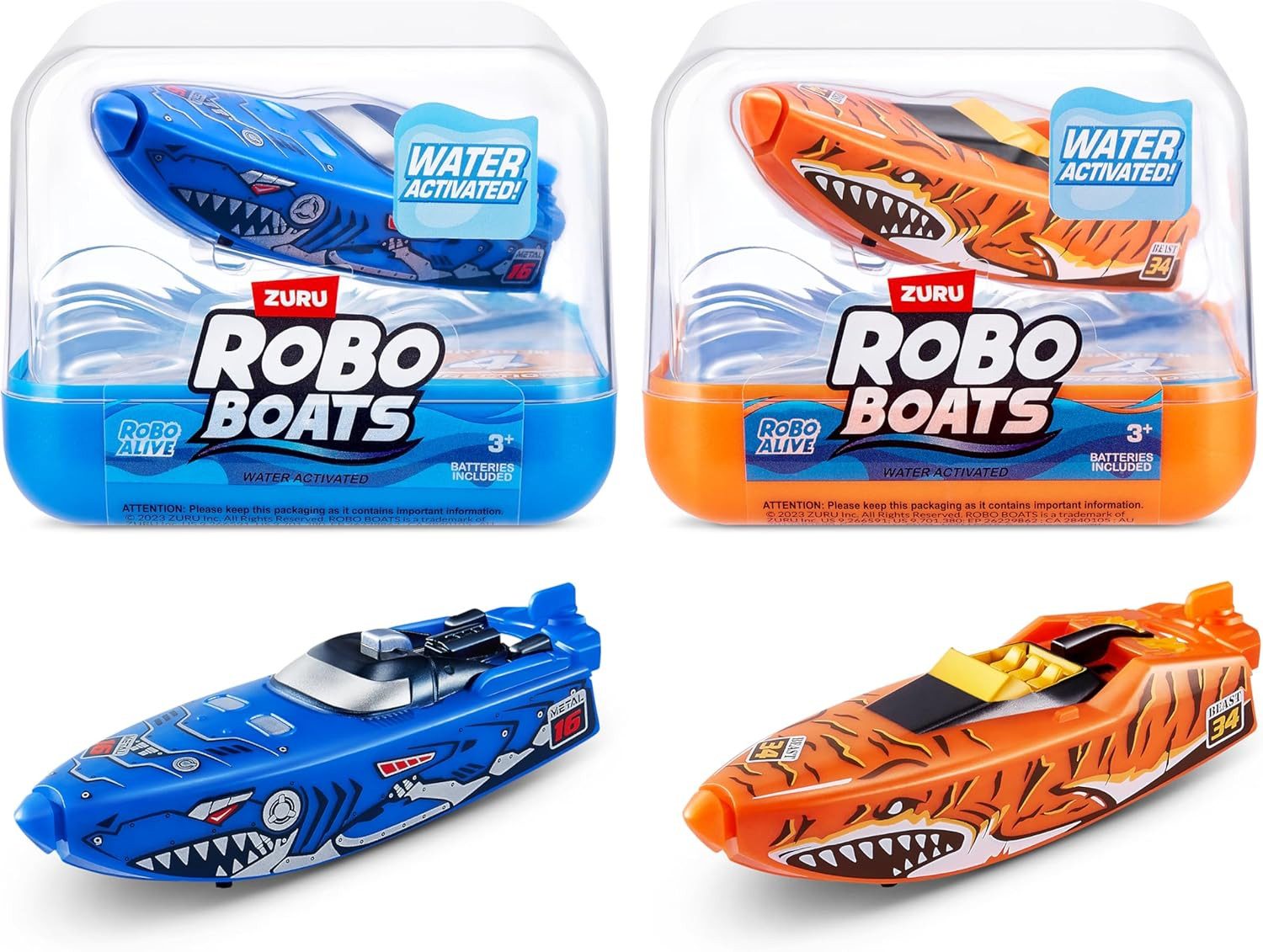 ZURU Robotertier Robo Alive Schwimmende Boote in Blau & Orange Tiger Shark & Robo Shark