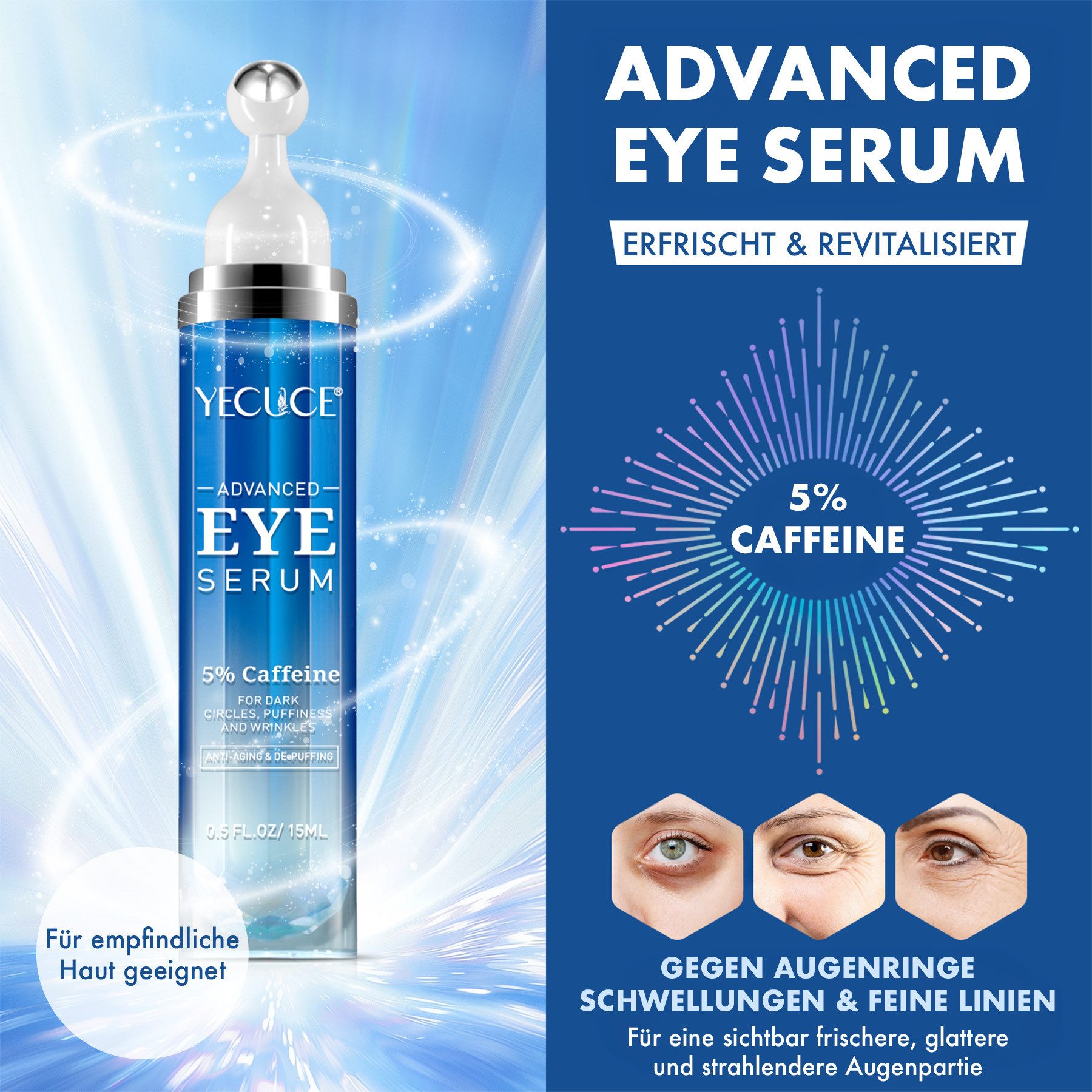 ALIVER Augenserum Augencreme gegen Augenringe Falten Schwellungen mit Retinol Koffein, 3-tlg., Augenschatten, Falten, Fatigue/Müdigkeit, Flüssigkeitszufuhr