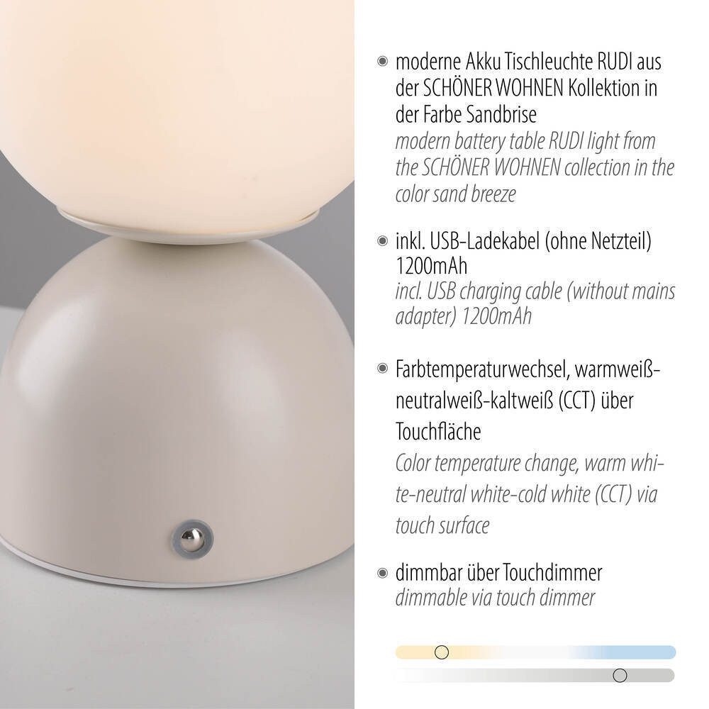 SCHÖNER WOHNEN-Kollektion LED Tischleuchte LED Tischlampe RUDI, Dimmbar, CCT, USB, 1xLED-Board/1,20W/3000K, warmweiß, Akku USB, Dimmbar Touchdimmer CCT – Bild 3 von 5