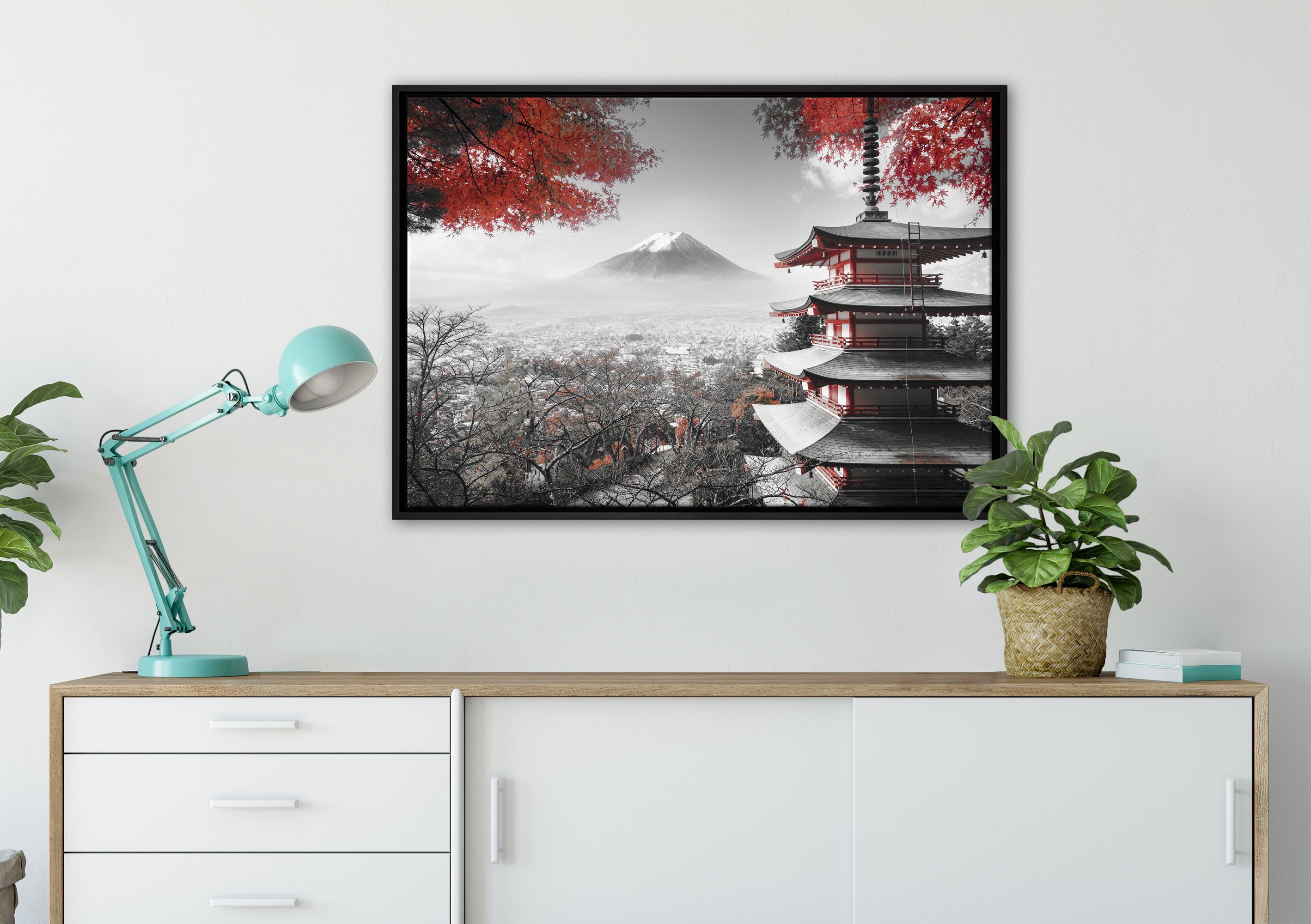 in Herbst, Schattenfugen-Bilderrahmen inkl. St), Tempel (1 im Pixxprint fertig Leinwandbild Leinwandbild Zackenaufhänger einem Japanischer Wanddekoration bespannt, gefasst,