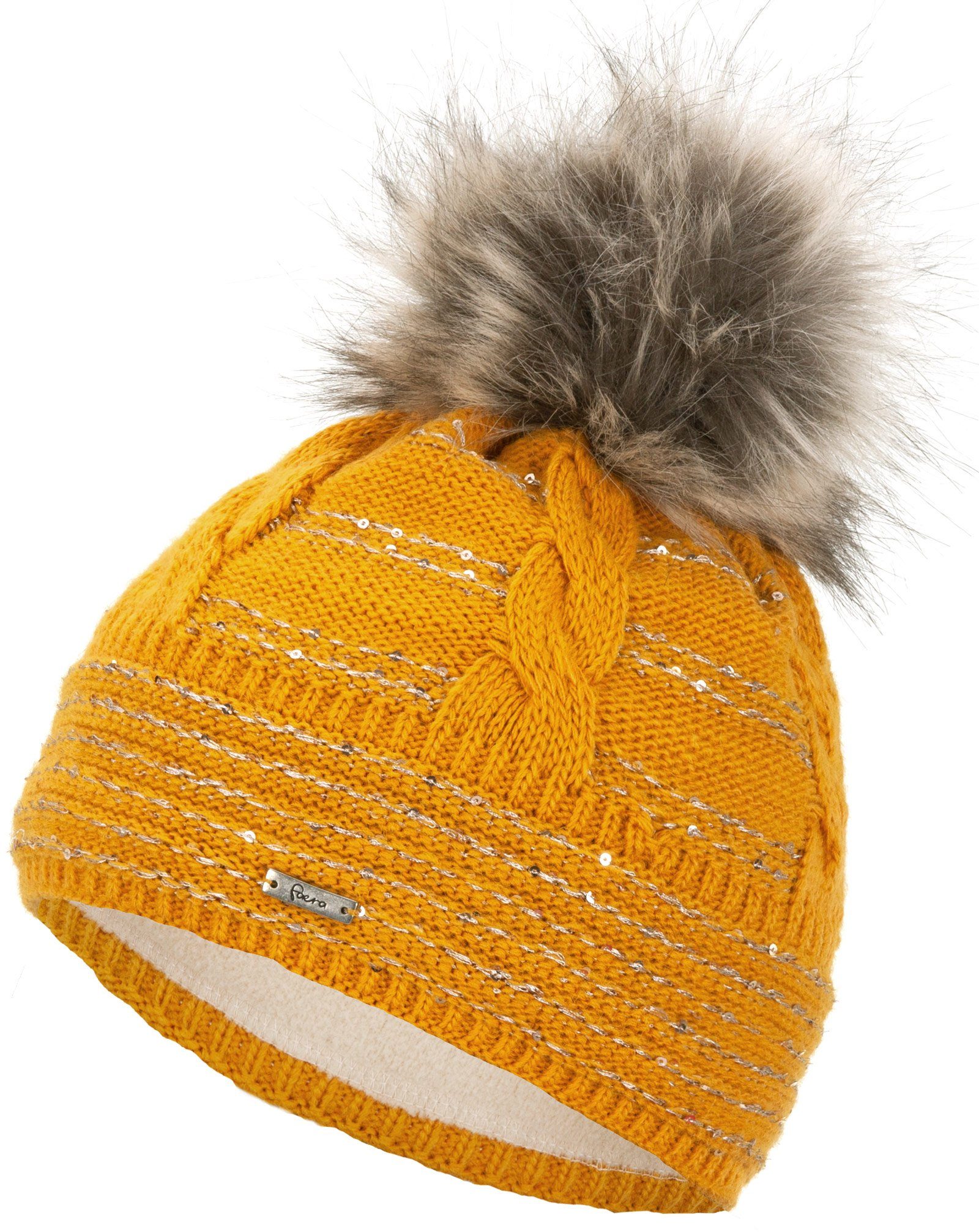 Damen senf gefüttert Mütze Beanie Bommelmütze Pailletten Haube Wintermütze Faera Strickmütze