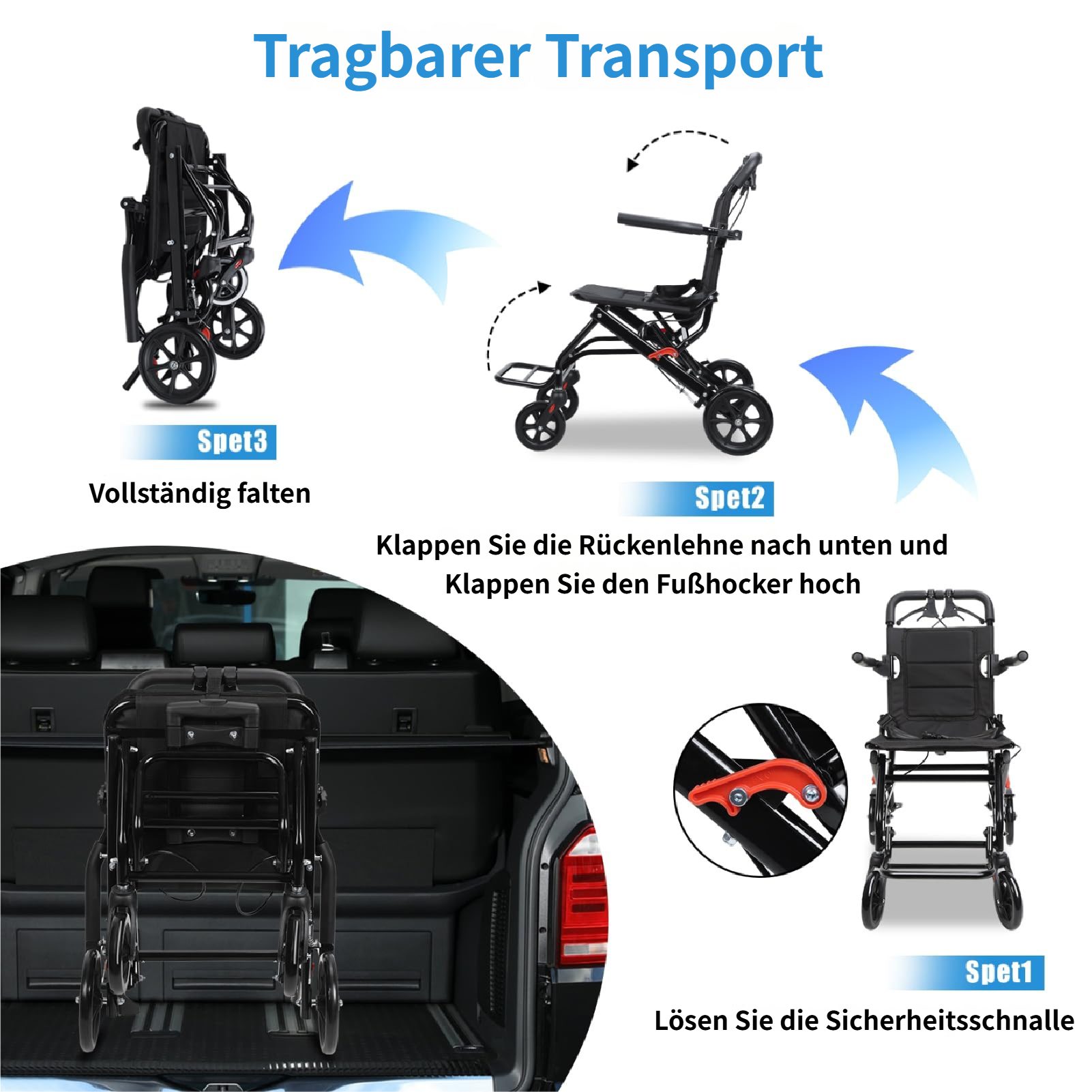 Rutaqian Rollstuhl Faltbarer & Leichter Transportrollstuhl für Erwachsene und Senioren, Ultraleicht und Tragbar, bis 100 kg, ideal für Reisen und Allta