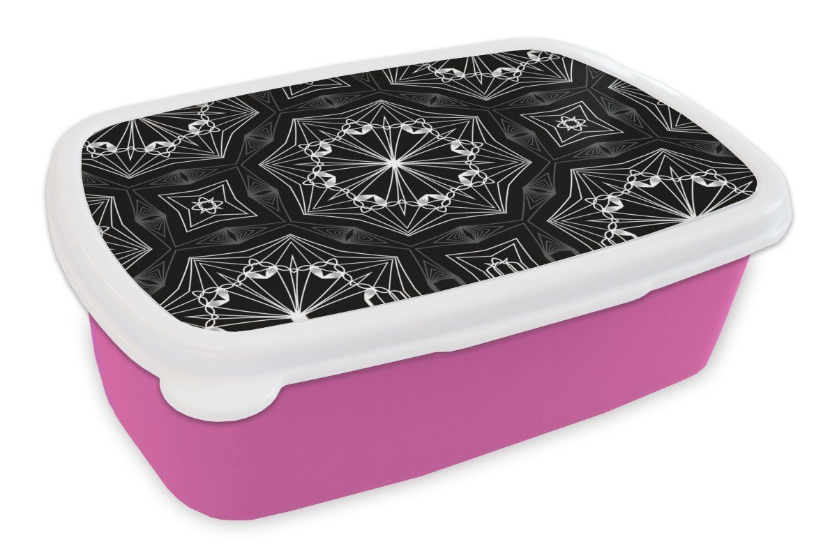 Snackbox, Weiß - Design für Erwachsene, Brotdose - MuchoWow (2-tlg), Kunststoff Kinder, Blumen - Lunchbox rosa Geometrie, - Schwarz Mädchen, Brotbox Kunststoff,