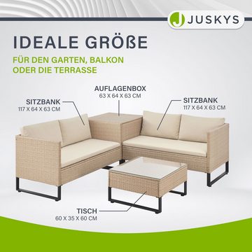 Juskys Gartenlounge-Set Santorini, (4-tlg), Polyrattan Sitzgruppe mit Beistelltisch & Auflagenbox, wetterfest