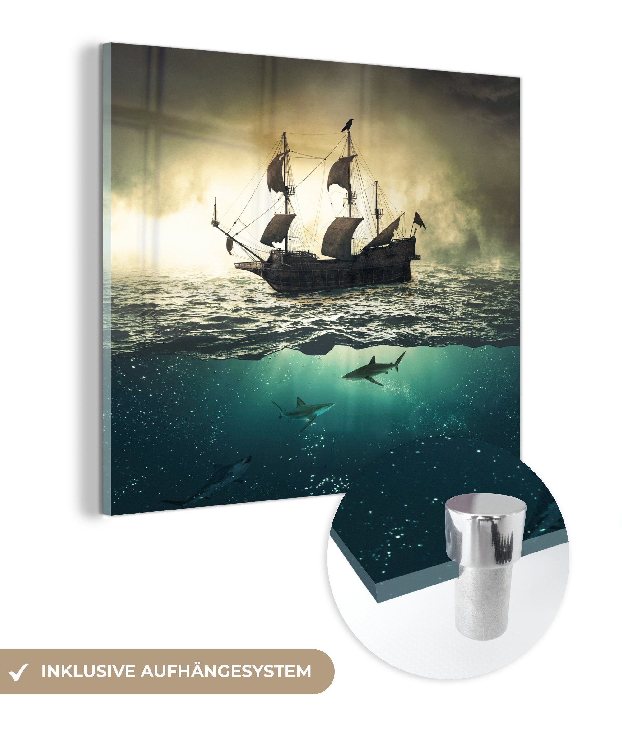 MuchoWow Acrylglasbild Meer - Boot - Hai, (1 St), Glasbilder - Bilder auf Glas Wandbild - Foto auf Glas - Wanddekoration