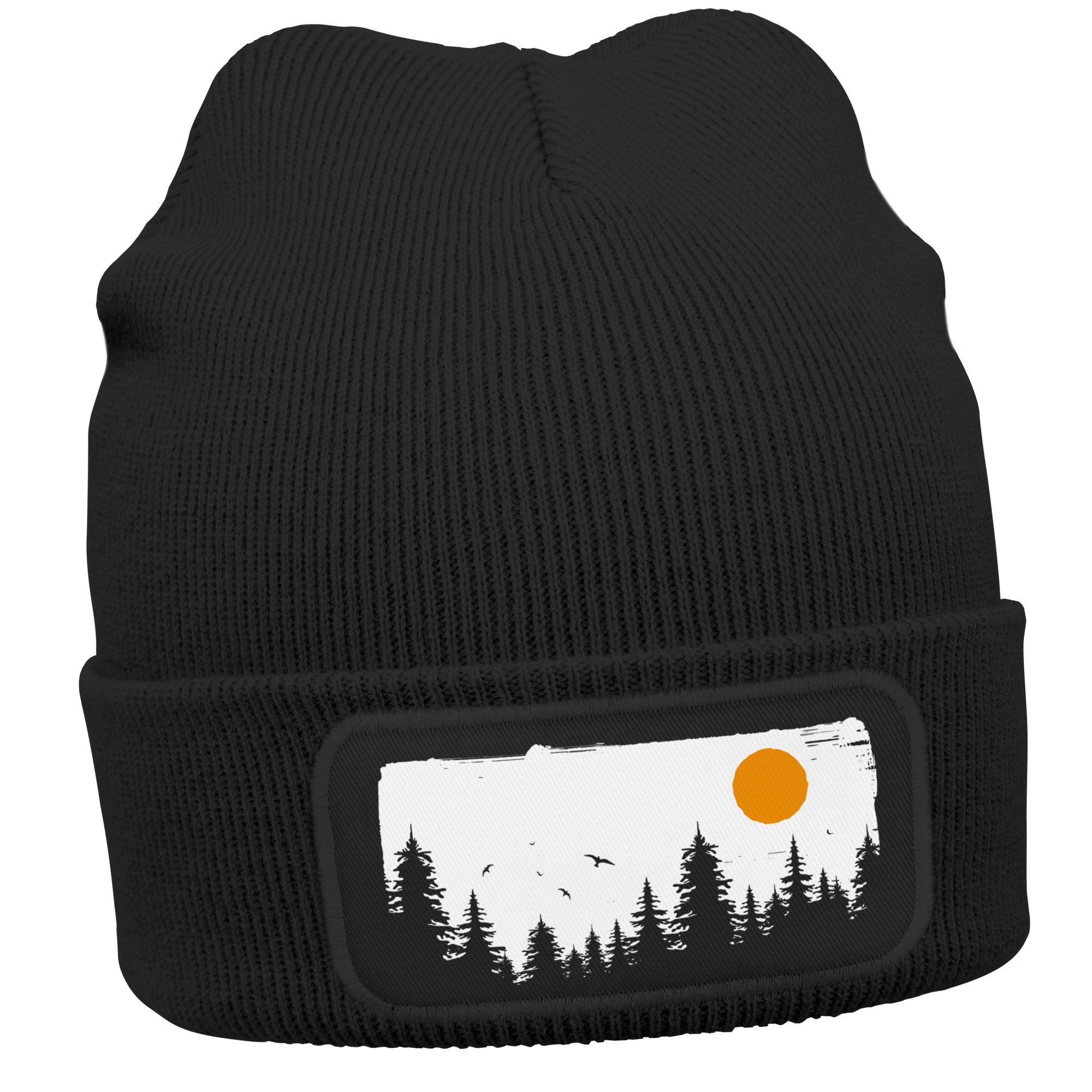 Strickmütze Damen Beanie mit Patch Wald Natur Outdoor Aufdruck Print Wintermütze
