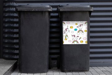 MuchoWow Wandsticker Eine Illustration von Einhörnern auf Regenbögen - Mädchen - Kinder - (1 St), Mülleimer-aufkleber, Mülltonne, Sticker, Container, Abfalbehälter