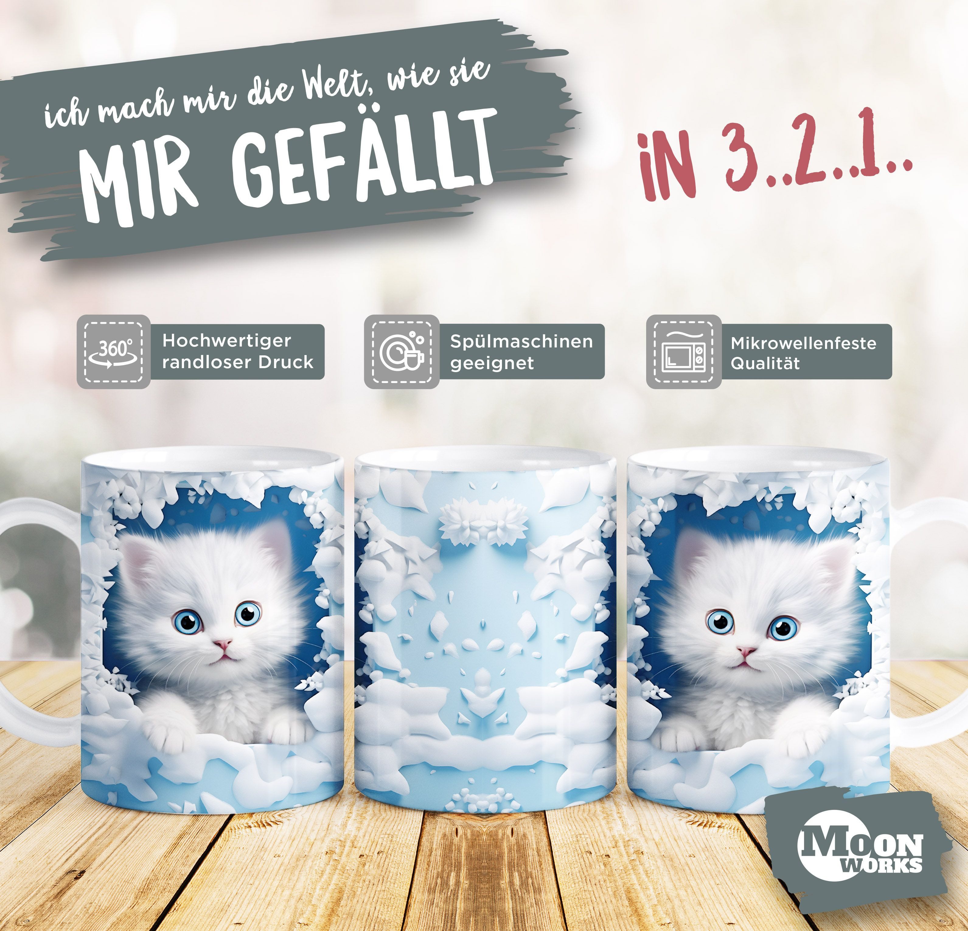 MoonWorks Tasse Tasse Weihnachten 3D Illusion Katze Schneemann Weihnachtsmann, Keramik – Bild 2 von 4