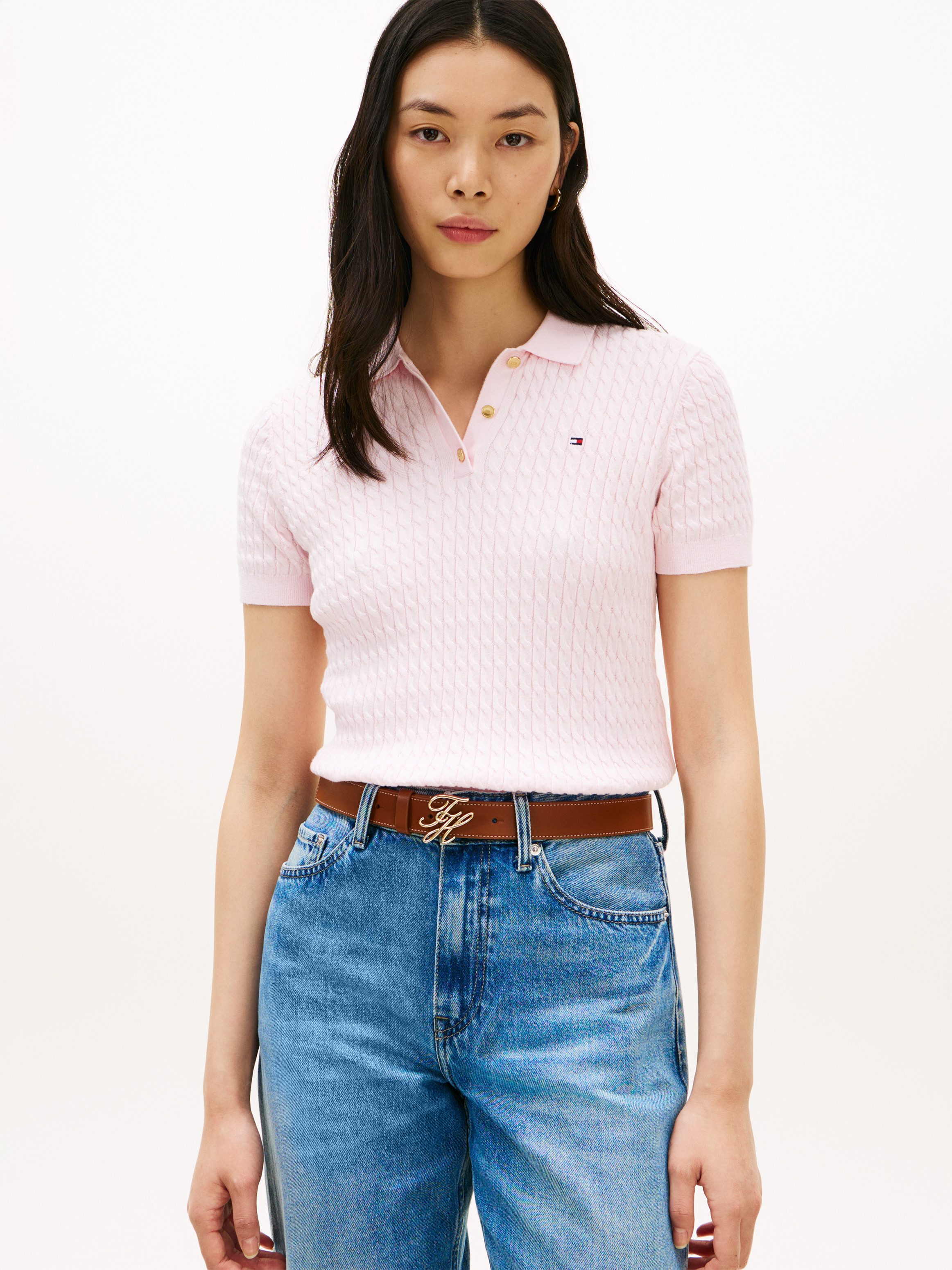Tommy Hilfiger Poloshirt CO CABLE POLO-NK SS SWEATER mit Zopfmuster, Regular Fit