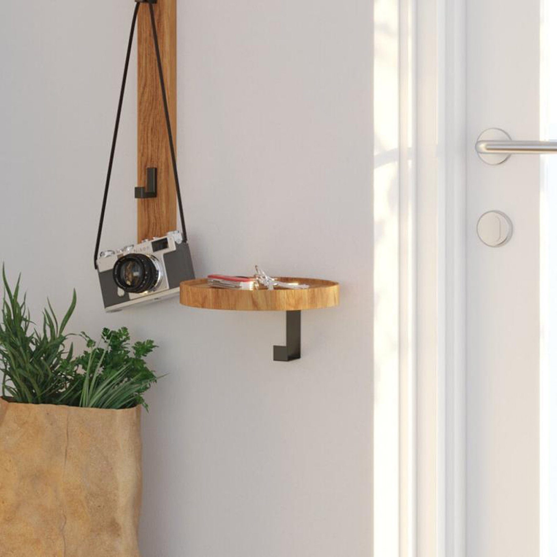 Woodek Design Wandgarderobe WOODY, Garderobenleiste mit 1 Haken, H 2,5 x B 20 x T 20 cm (Wandhaken aus geölte Eiche und schwarzer Metall, 1 St., Kleiderhaken mit Regal), Industrielle Kleiderhaken
