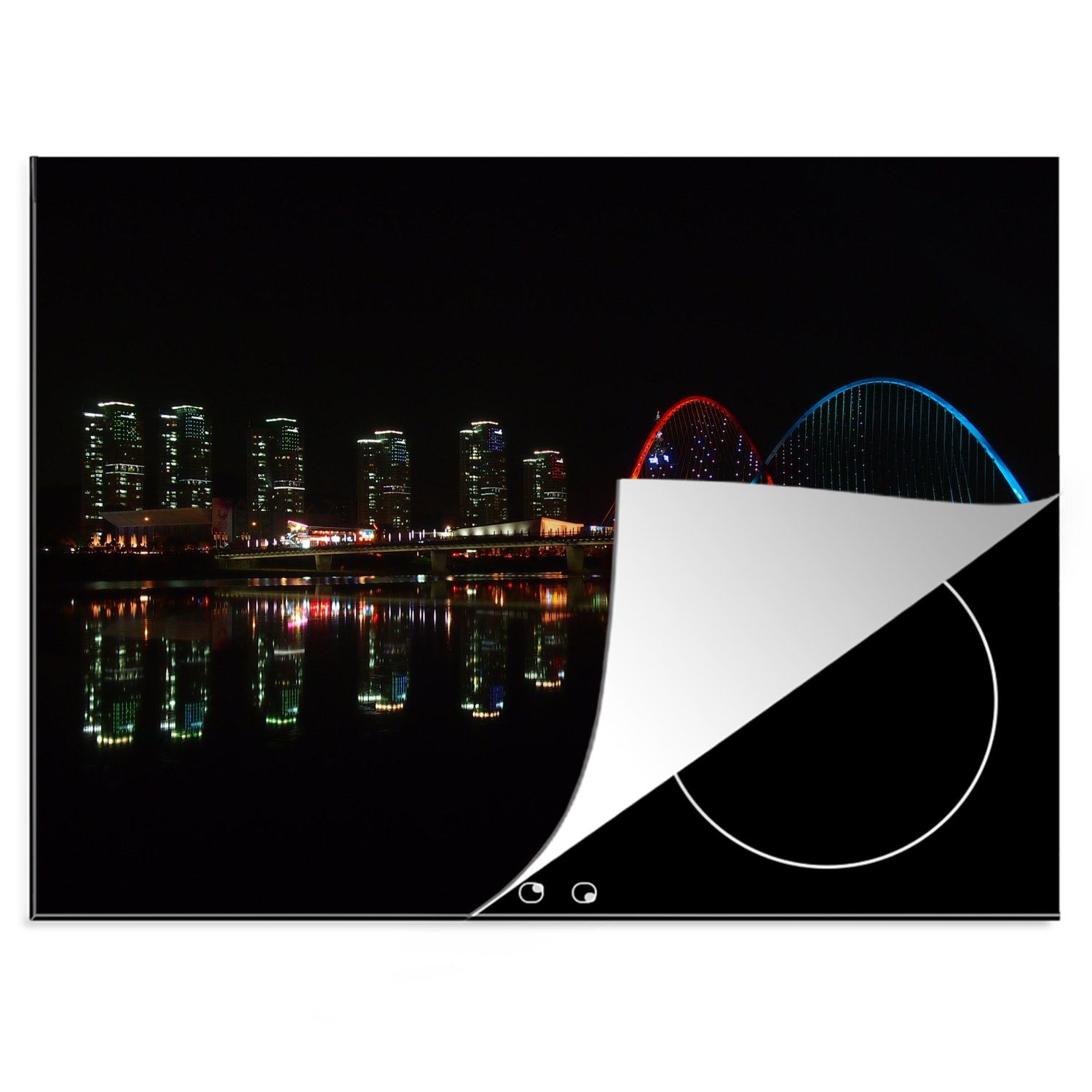 MuchoWow Herdblende-/Abdeckplatte Nächtliche Skyline der Expo-Brücken in Daejeon, Südkorea, Vinyl, (1 tlg), 70x52 cm, Mobile Arbeitsfläche nutzbar, Ceranfeldabdeckung