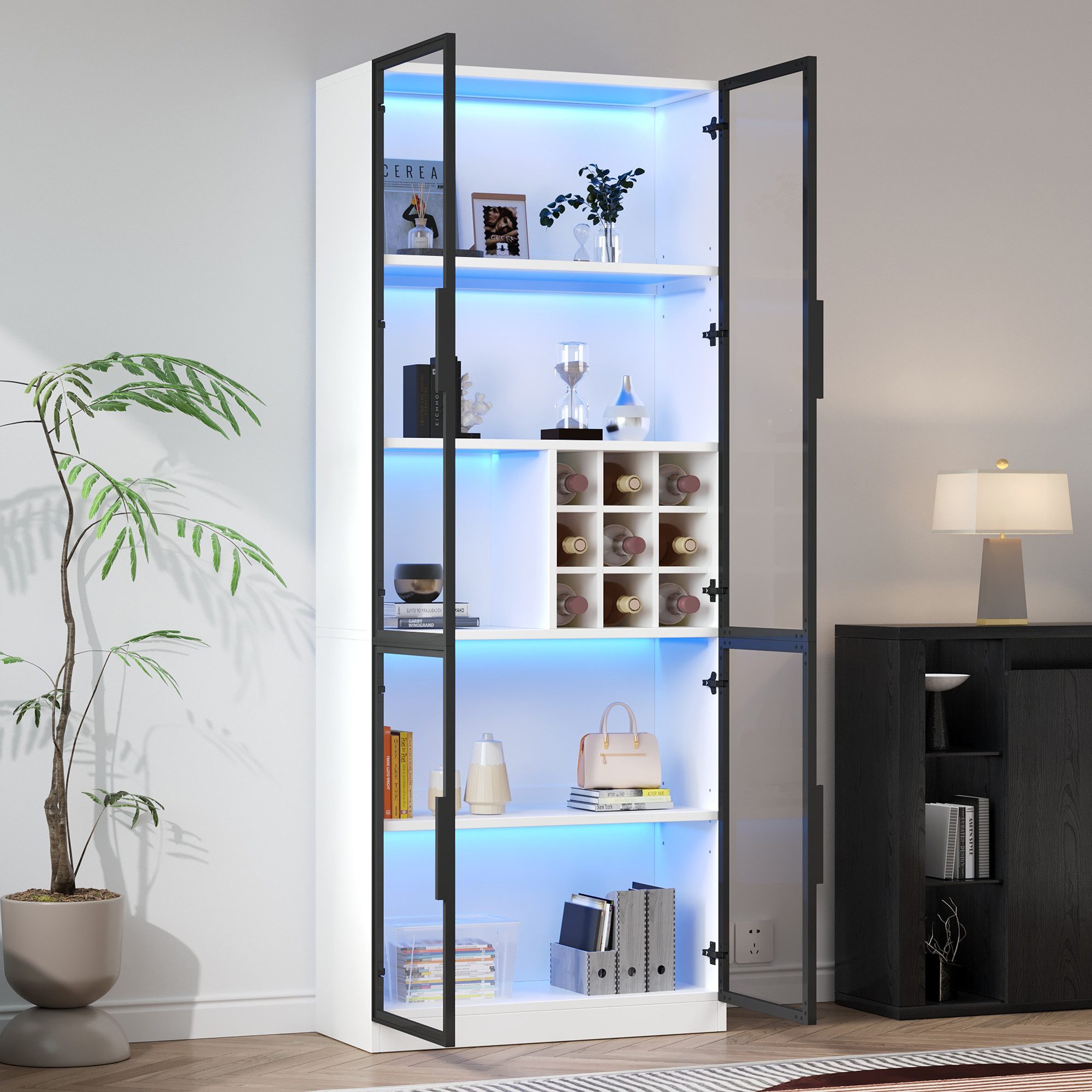 HAUSS SPOLE Vitrine mit Glastüren,Hochschrank Standvitrine mit LED-Beleuchtung&Weinregal (Bücherschrank, Sideboard, Glasvitrine, 1-St., 80*35*200cm) Weinschrank, Glasregal mit Glastüren, LED