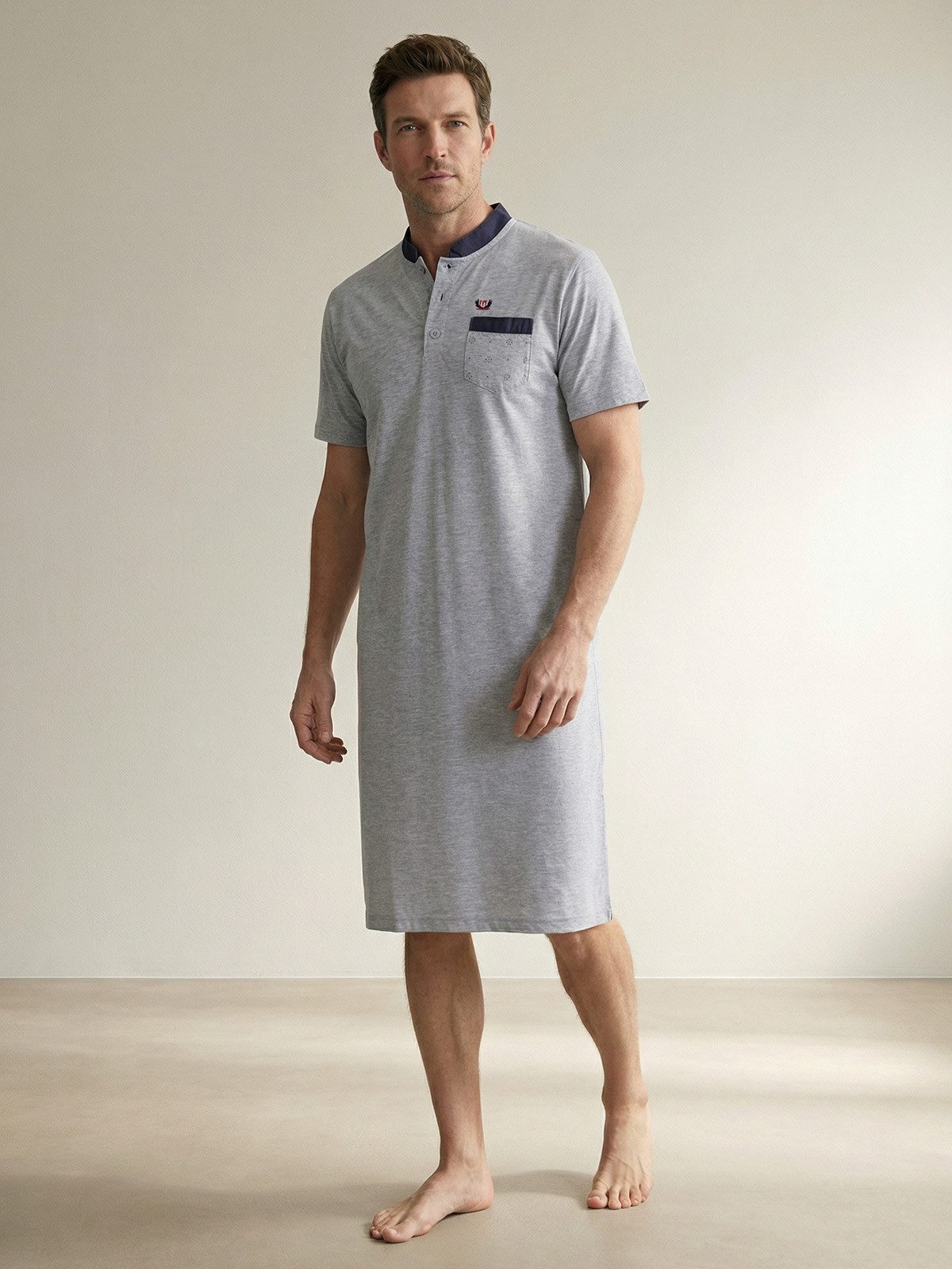 Henry Terre Nachthemd Nachthemd Kurzarm - Louis Stehkragen Uni