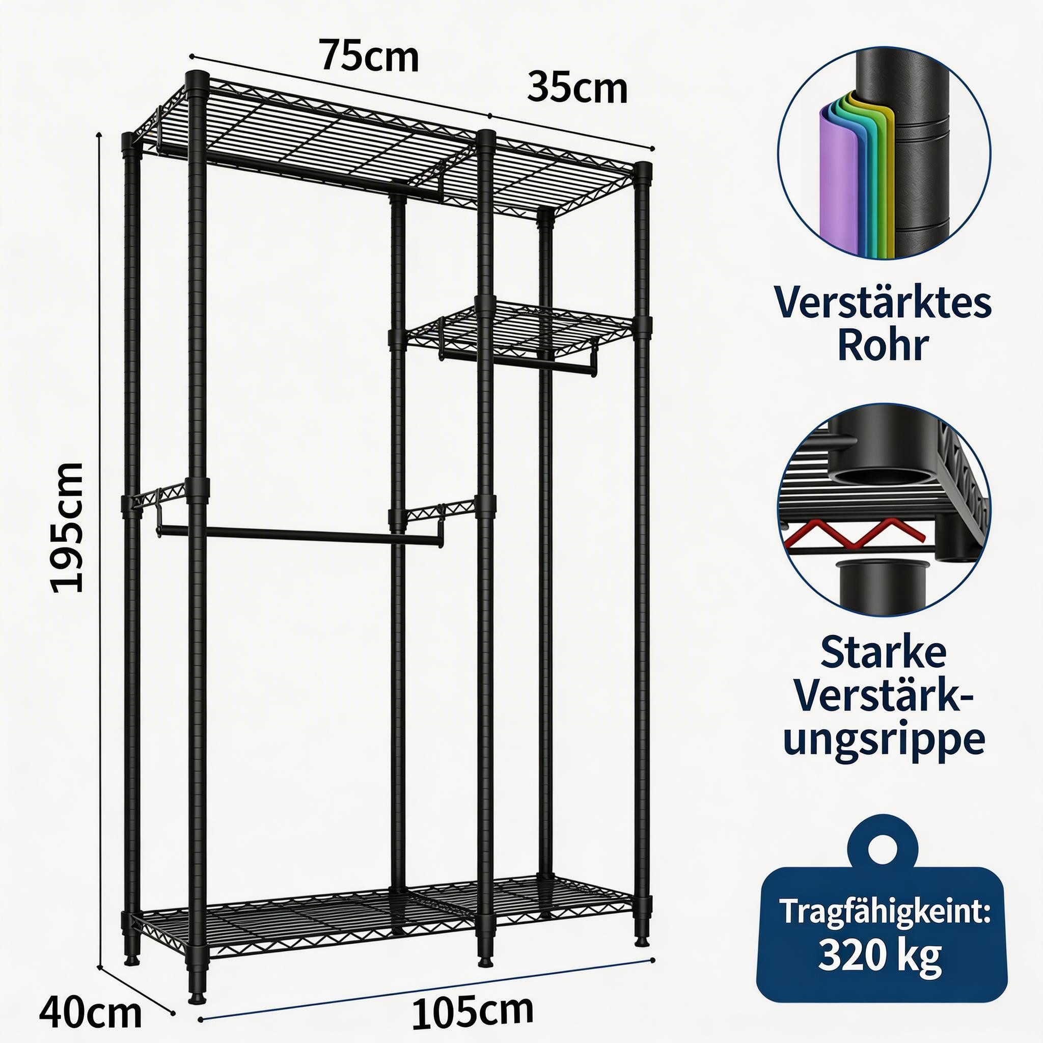 GarveeMore Kleiderständer Schwerlast Garderobenständer 320 kg Tragkraft Kleiderschrank Organizer – Bild 2 von 5