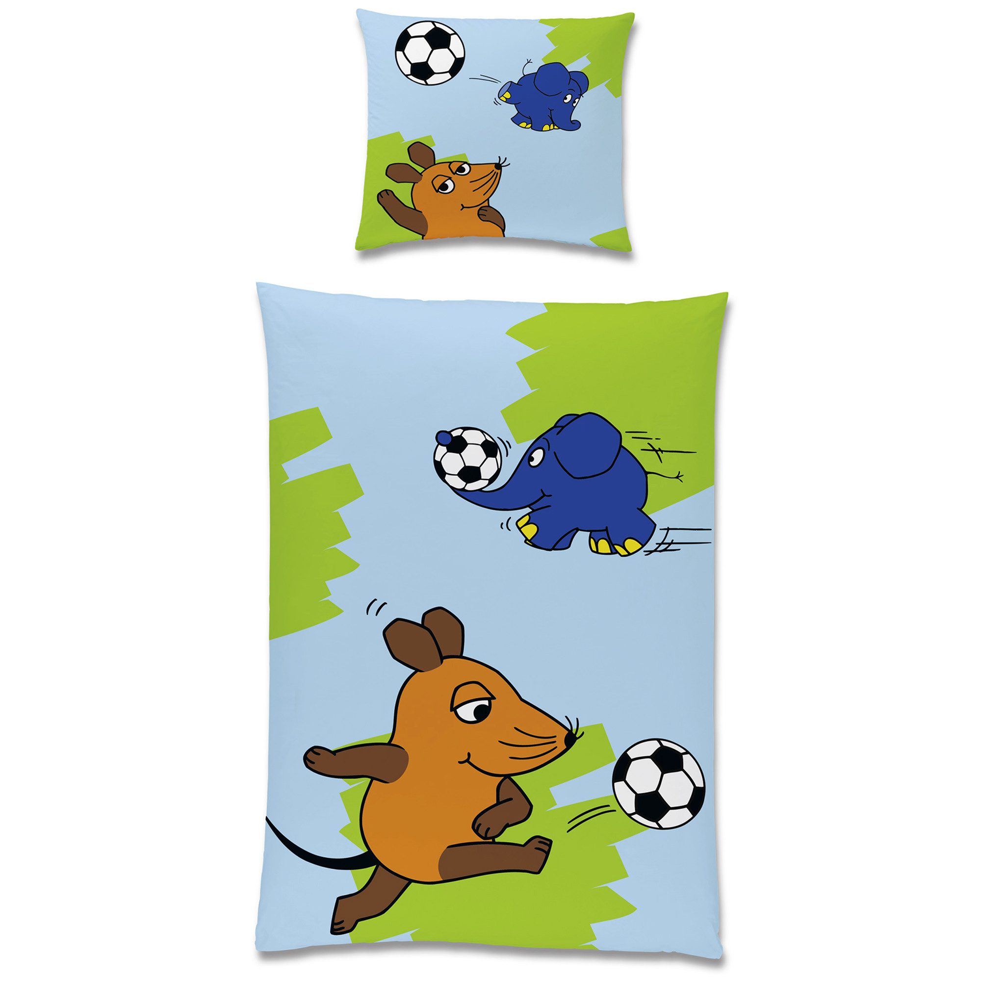 BERONAGE Kinderbettwäsche Die Sendung mit der Maus Fußball-Turnier Bettwäsche Linon / Renforcé, 100% Baumwolle, 2 teilig, 135x200 + 80x80 cm