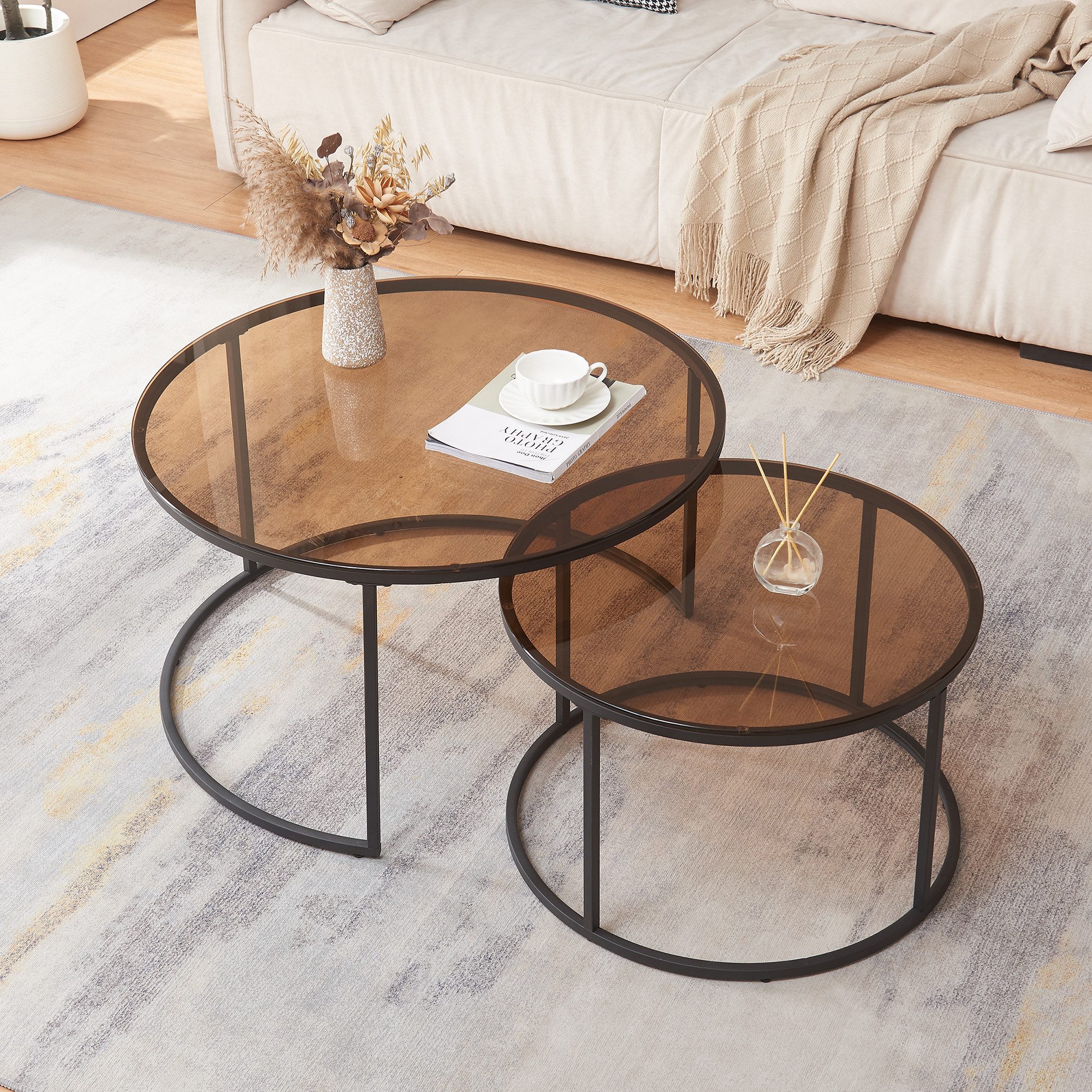 en.casa Couchtisch (Set, 2-St), »Kokkola« Satztisch rund Metall Rauchglas, günstig online kaufen