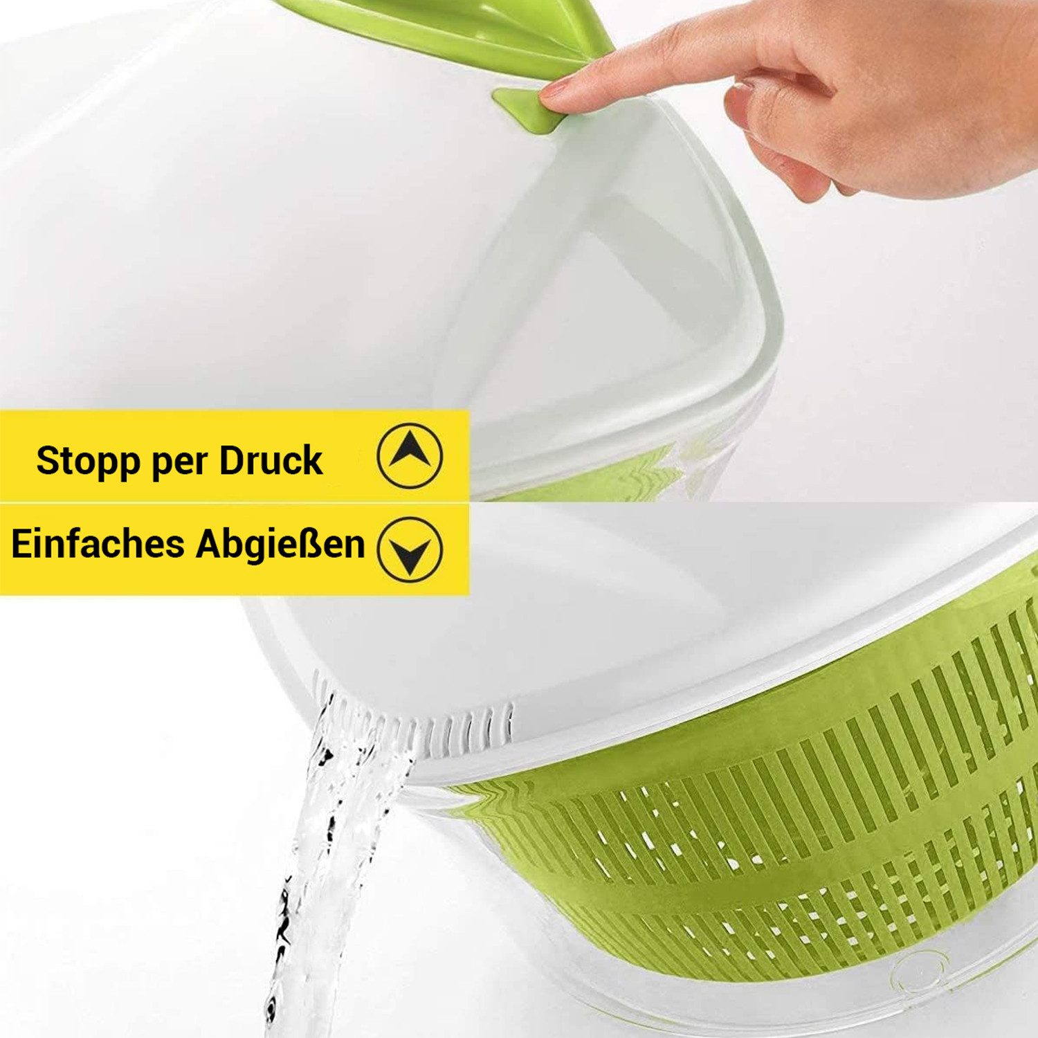 Elegear Salatschleuder Salatentwässerer Spinderella, 5 Liter, ø 24,5 cm, Kunststoff BPA-frei, (1-tlg), herausnehmbarer Siebeinsatz, Deckel & Stopp-Knopf, mit Sc – Bild 4 von 5
