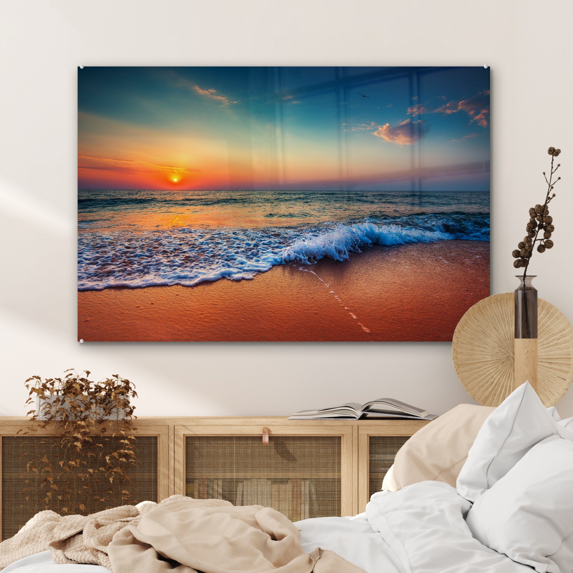 & Acrylglasbilder Acrylglasbild Meer Strand, MuchoWow Sonnenuntergang (1 Wohnzimmer - St), Schlafzimmer -