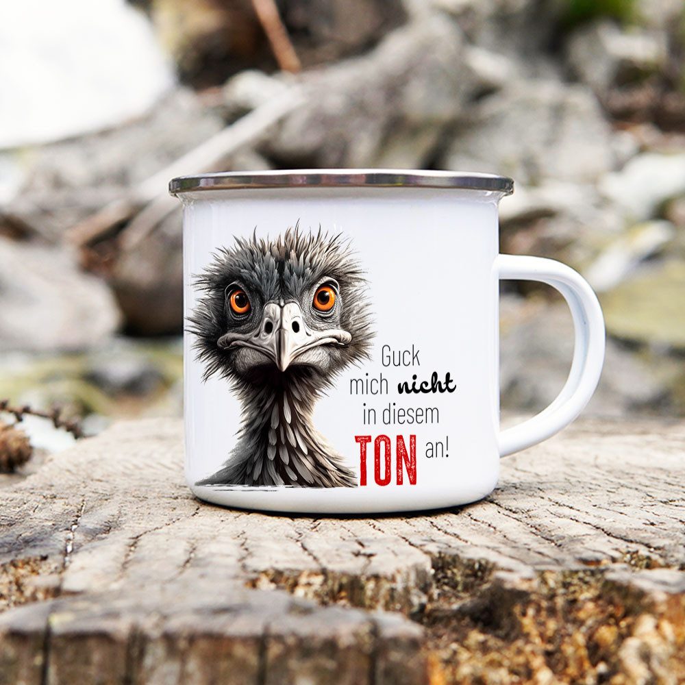 Cadouri Tasse Emaille Tasse 'Guck mich nicht in diesem Ton an' Kaffeetasse, Metall, Outdoortasse, Campingbecher Edelstahl, handgefertigt, Geschenk, 300 ml