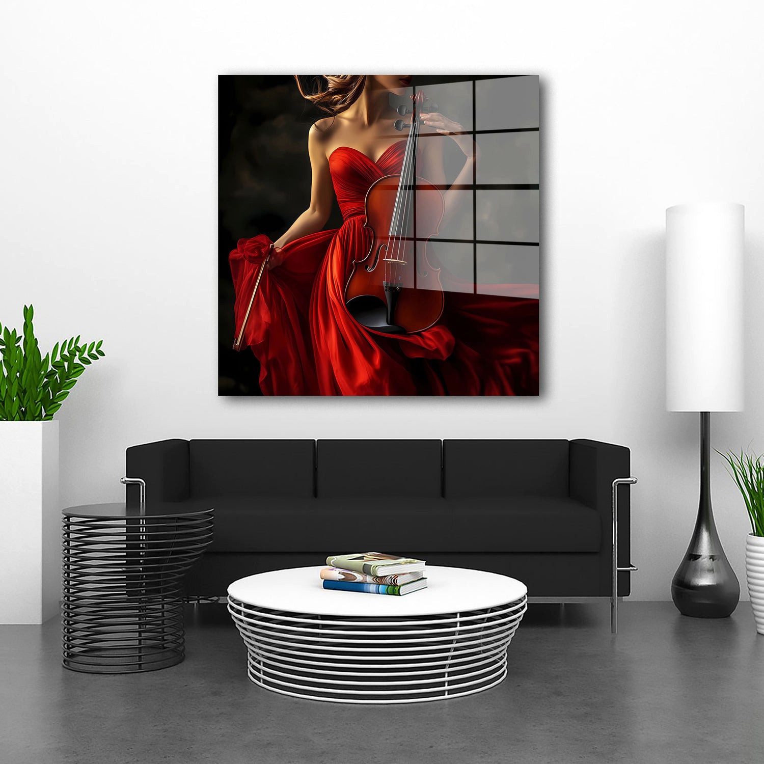 Artedinoi Acrylglasbild Geige Frau Rotes Kleid Acrylglasbild Wandbild Violine Bogen Musik XXL, Frau im roten Abendkleid mit Geige und Bogen