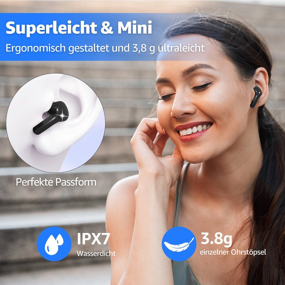 Stereo MOOHO Kopfhörer Earbuds Sport-Kopfhörer Std Mini 5.3 Ladebox) Kopfhörer, Bluetooth Ear (Kabellose wireless In Wasserdicht Kopfhörer Wireless LED Schwarz Anzeige HiFi-Kopfhörer, 25 Bluetooth IPX7