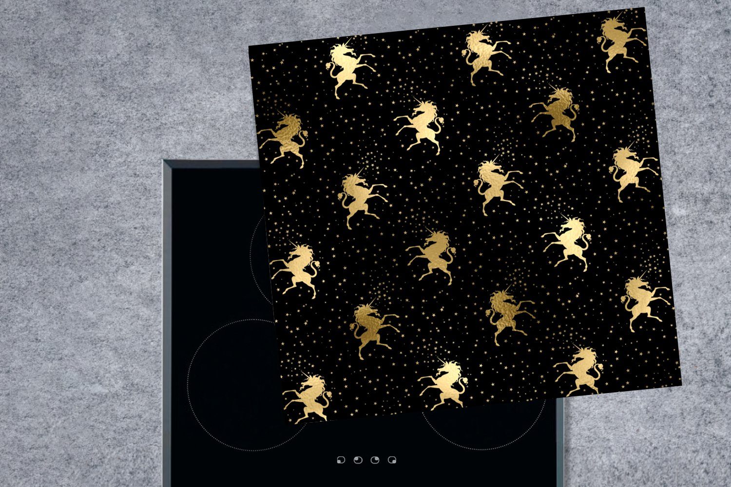 Gold, tlg), cm, MuchoWow für (1 Einhorn küche - Muster Arbeitsplatte Ceranfeldabdeckung, - 78x78 Vinyl, Herdblende-/Abdeckplatte