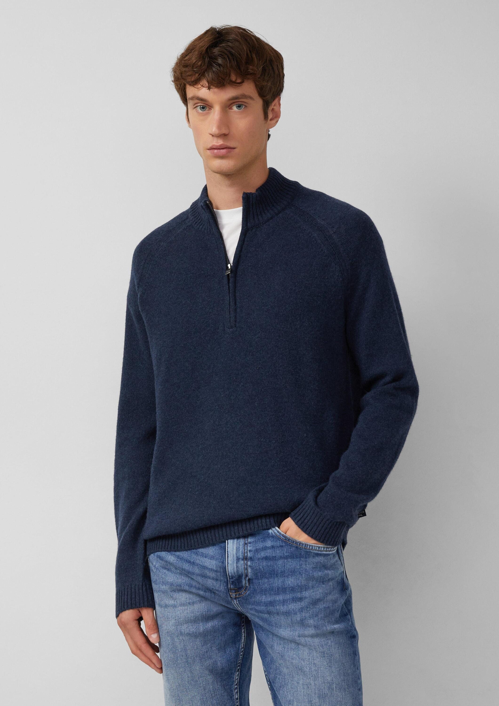 s.Oliver Longpullover Strickpullover Strickpullover aus reiner Wolle mit Troyer-Kragen