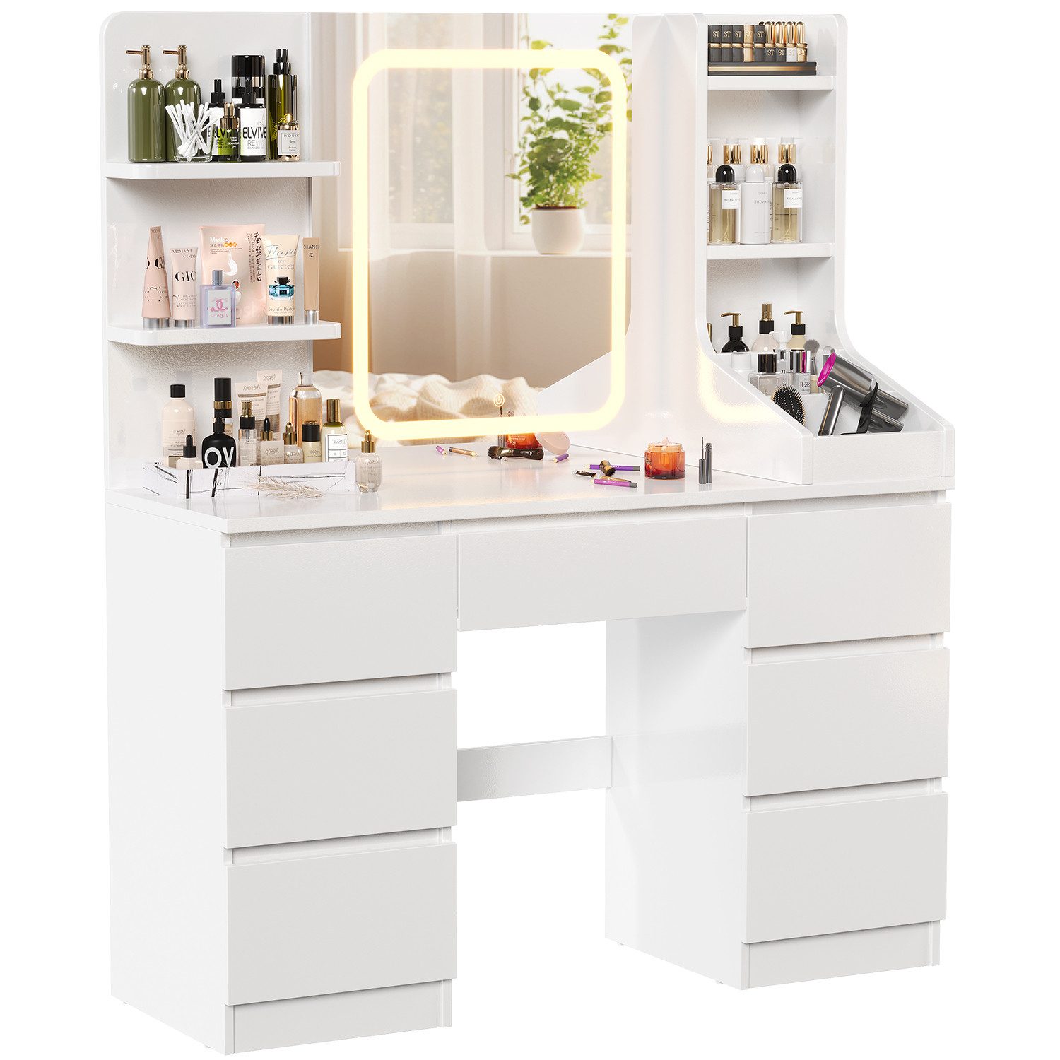 Schminktisch Schminktisch mit Spiegel und LED Mit 7 Schubladen und 8 Ablagefächern