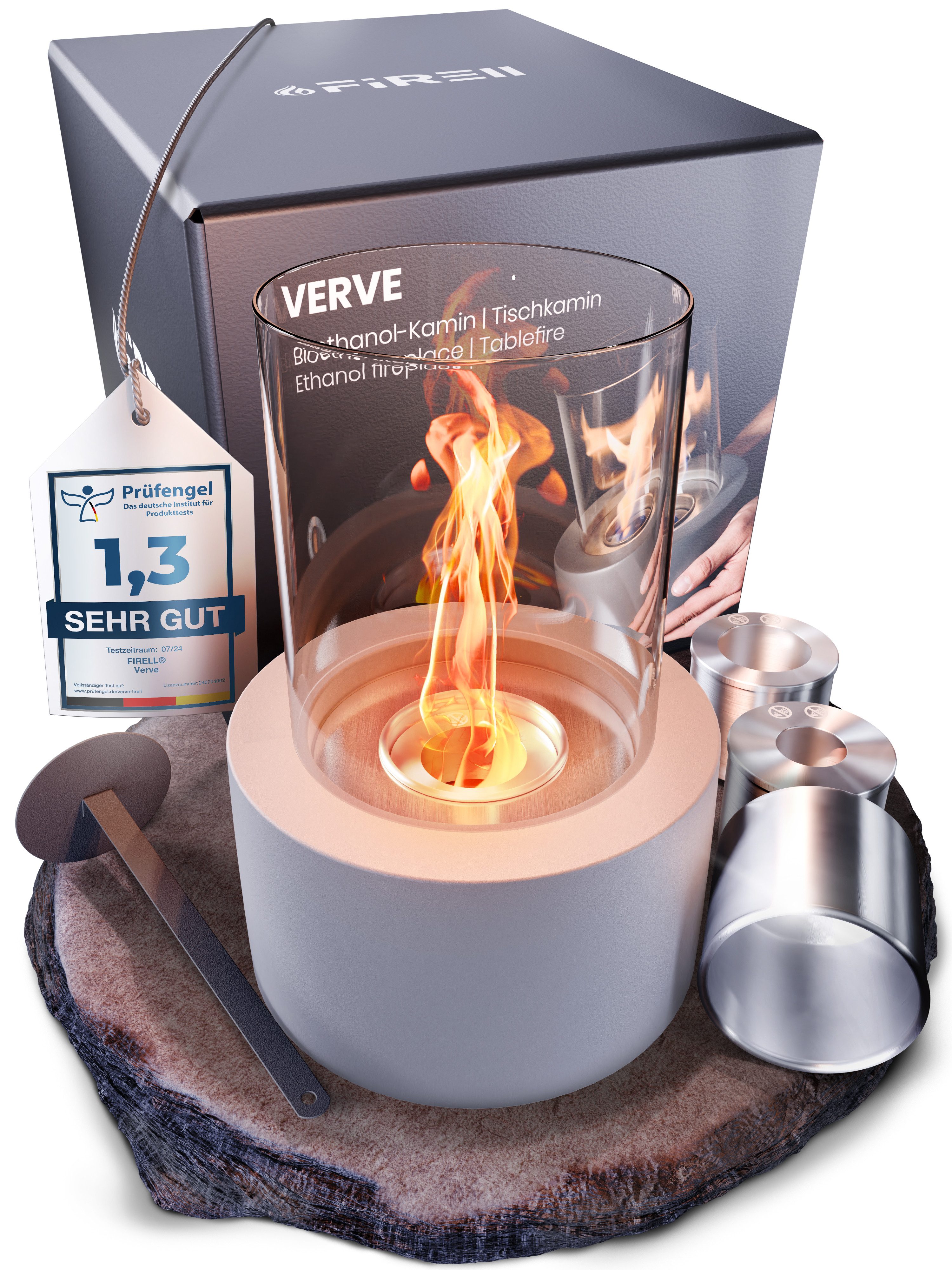 FIRELL Tischfeuer Ethanol Tischkamin Indoor & Outdoor Echtfeuer-Dekokamin (aus massivem Beton, Komplett-Set), Verstellbare Flamme, 3,2 kg Beton, 3h Brenndauer, TÜV Geprüft