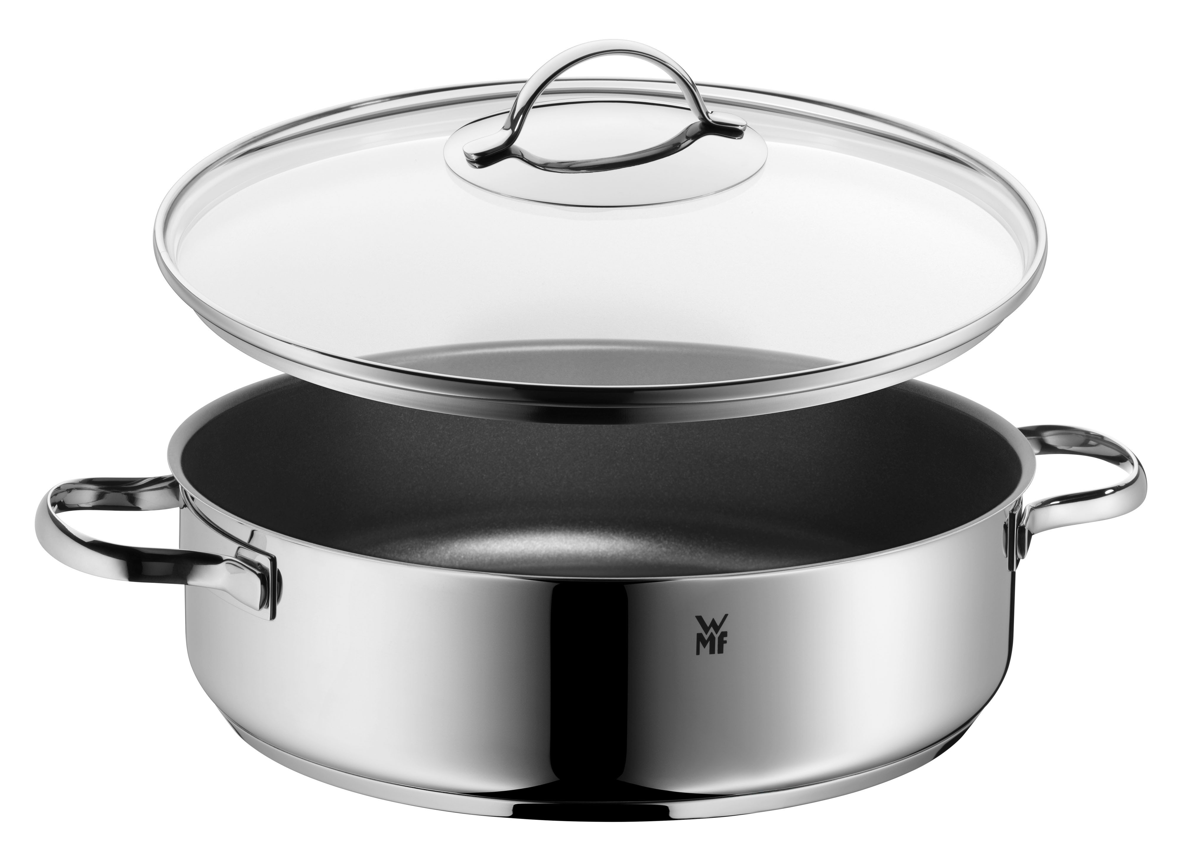 WMF Schmorpfanne Devil Bräter Ø 28 cm mit Glasdeckel, hoher Rand, Induktion, Cromargan® Edelstahl Rostfrei 18/10, Schmortopf mit Deckel 5l, backofenfest, für alle Herdarten geeignet