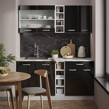 Livinity® Küchenzeile R-Line, Schwarz Hochglanz/Weiß, 160 cm, AP Eiche
