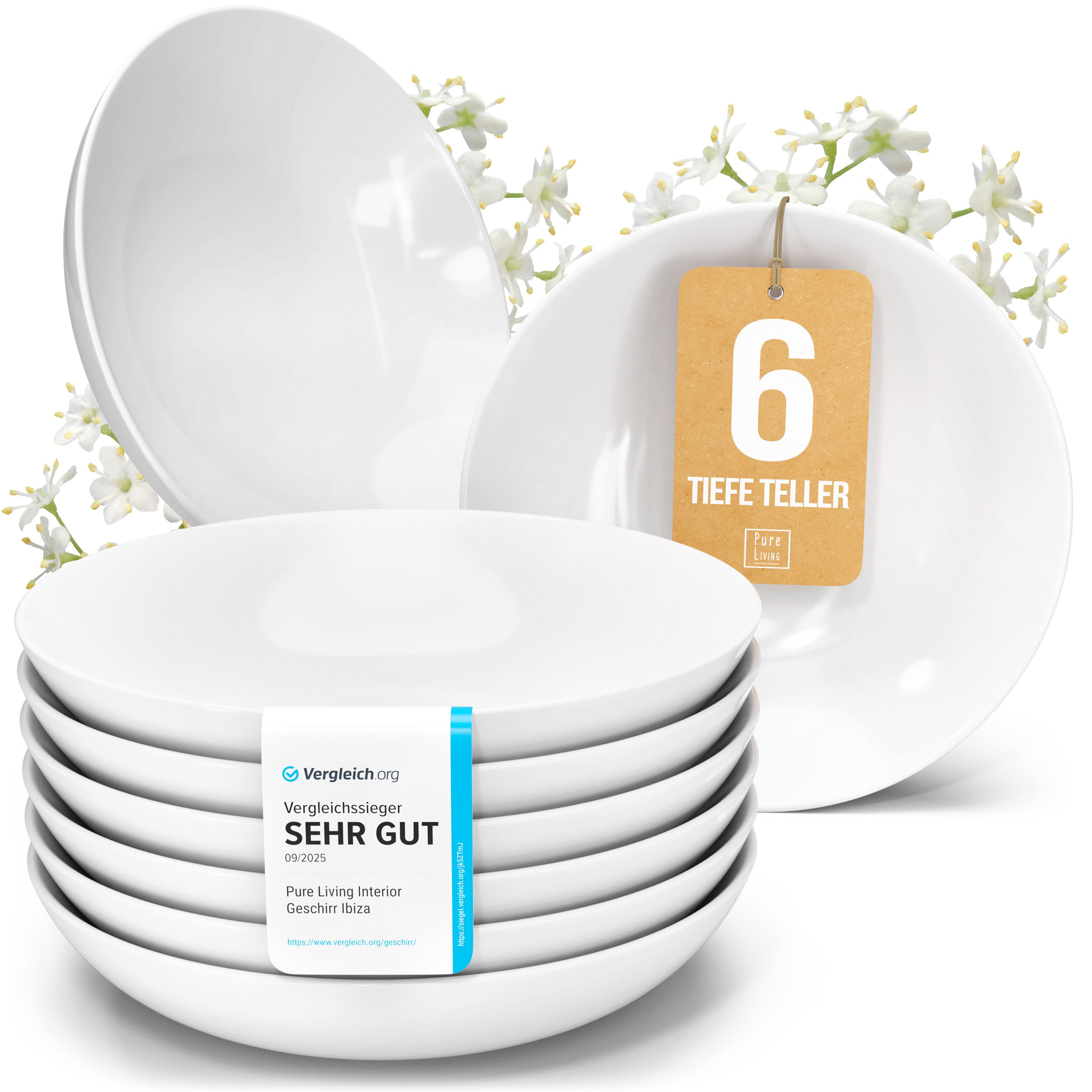 PURE LIVING INTERIOR DESIGN Geschirr-Set Pure Living Suppenteller 6er 20cm »Crystal«, Porzellan Weiß, 6 Personen, Porzellan, Zeitloses minimalistisches Design, Reines Weiß – elegant & schlicht, …
