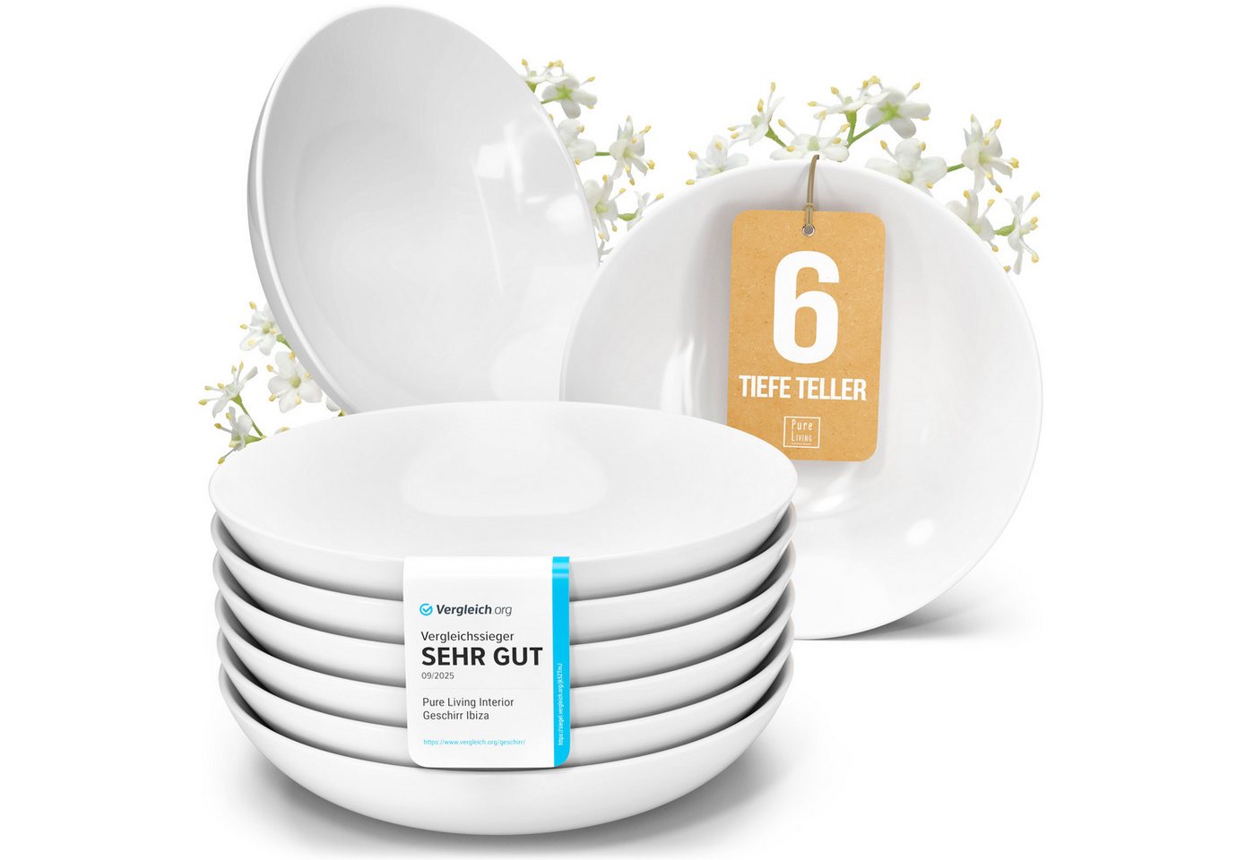 PURE LIVING INTERIOR DESIGN Geschirr-Set Crystal Suppenteller, Dinnerteller, 6er-Set, 20 cm, Weiß (6-tlg), 6 Personen, Porzellan