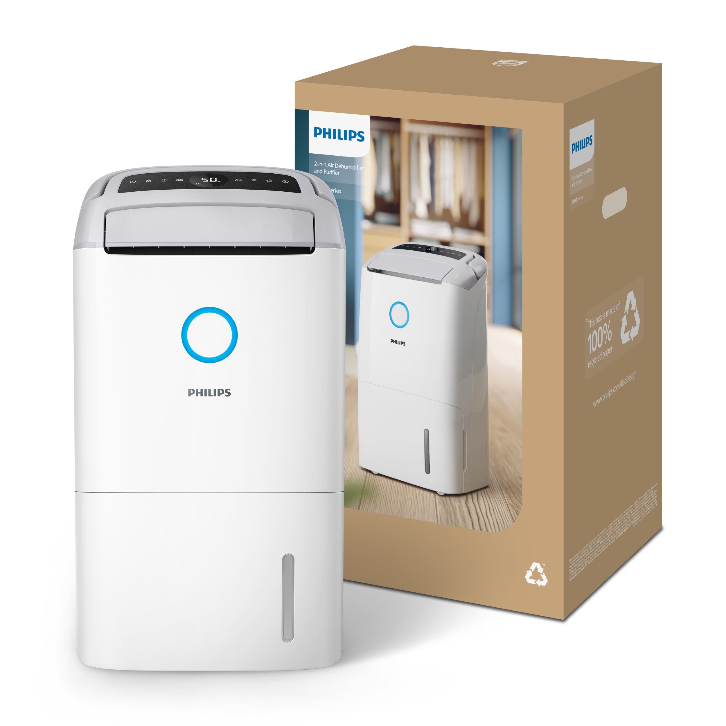 Philips Luftentfeuchter u. Luftreiniger DE5305/11 5000 Series, mit Wäschetrockner-Modus, für 137 m³ Räume, Entfeuchtung 26,5 l/Tag, Tank 4 l, 2-Schichten-HEPA-Filtersystem, Luftreinigungsrate 270 m³/h