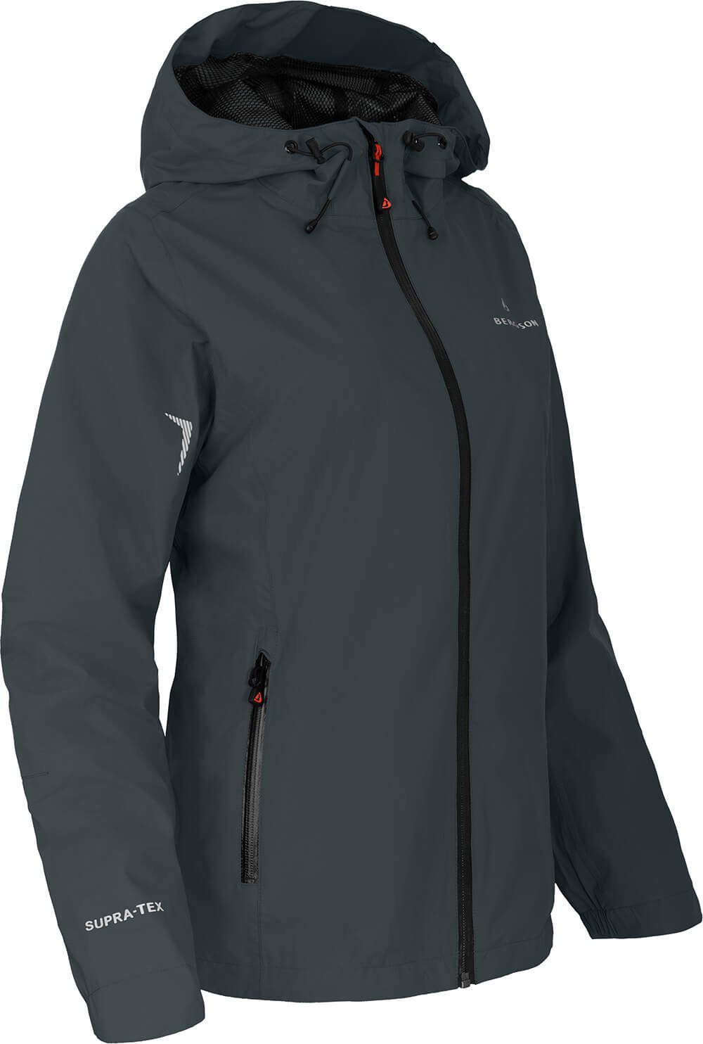 Bergson Outdoorjacke HELLI Damen Regenjacke, Netzfutter, 12000 mm Wassersäule, Normalgrößen, dunkel grau | Jacken