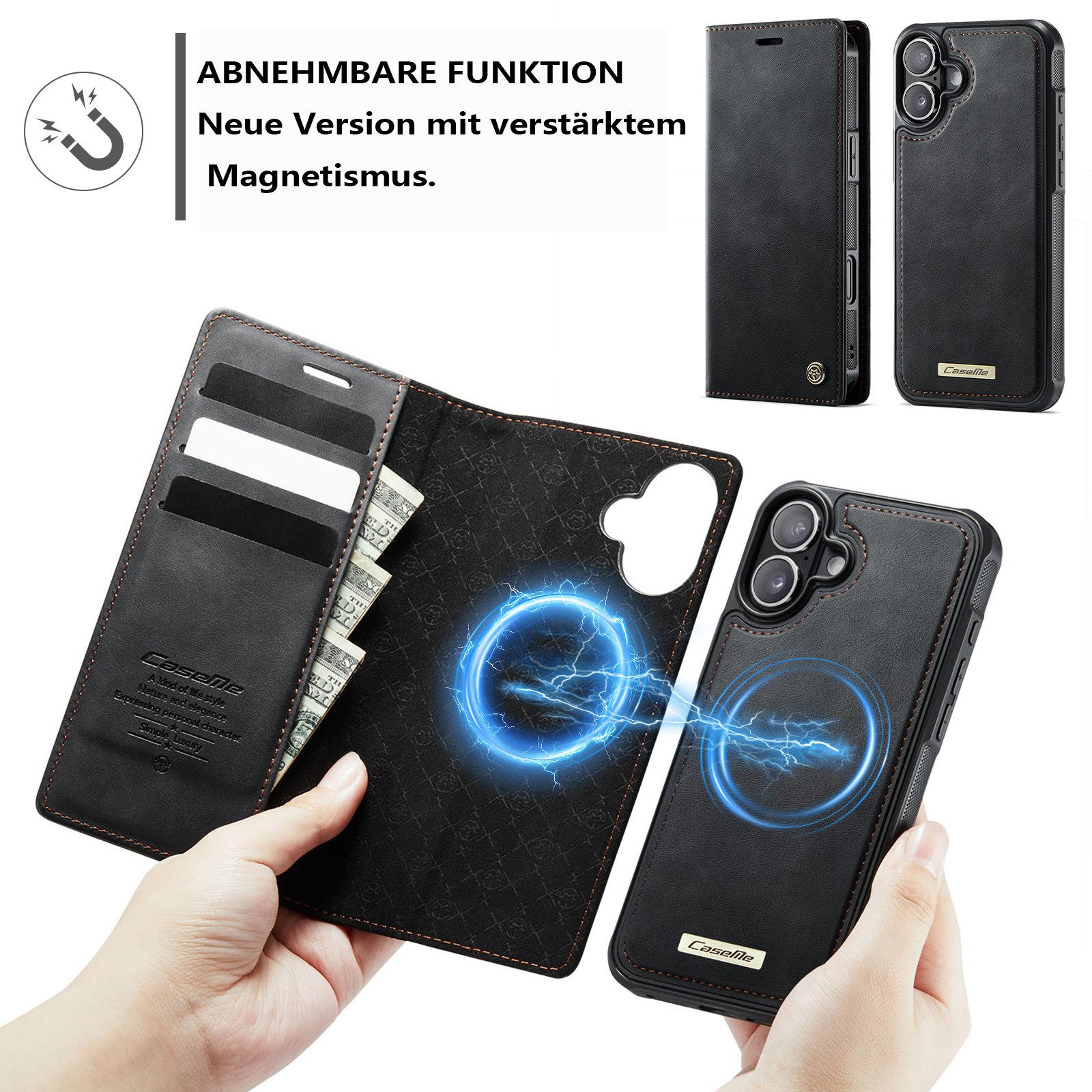 Cachito Handyhülle Hülle für iPhone 17/16, Echtleder Handyhülle,2 IN 1 Magnet Klapphülle, Abnehmbare Handyhülle mit kabellosem Laden, 3 Kartenfächern & Ständer – Bild 3 von 5