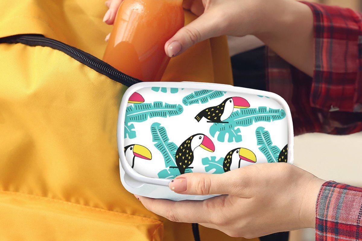 und und (2-tlg), Brotbox Tukan, Erwachsene, Dschungel MuchoWow Muster für Jungs für Lunchbox Kinder Mädchen - weiß Kunststoff, Brotdose, -
