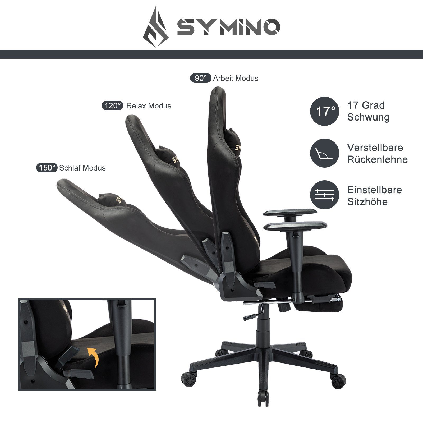 symino Gaming-Stuhl Drehstuhl, verstellbare Armlehnen und Rückenlehne, Memory Foam-Kissen mit Fußstütze, Schwarz – Bild 5 von 5