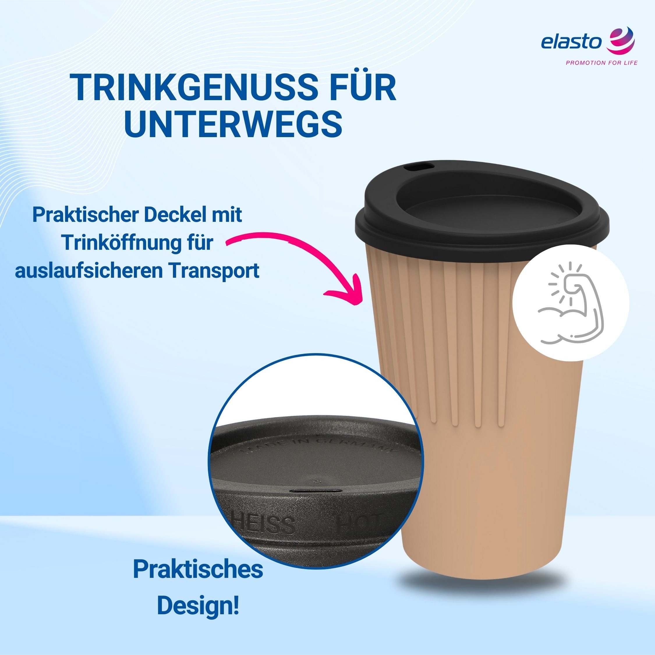 elasto Coffee-to-go-Becher Kaffeebecher 300 ml Trinkbecher mit Deckel und Riffel-Optik, Made in Germany, BPA-frei, 100% recyclebar, Heißgetränke, Teebecher