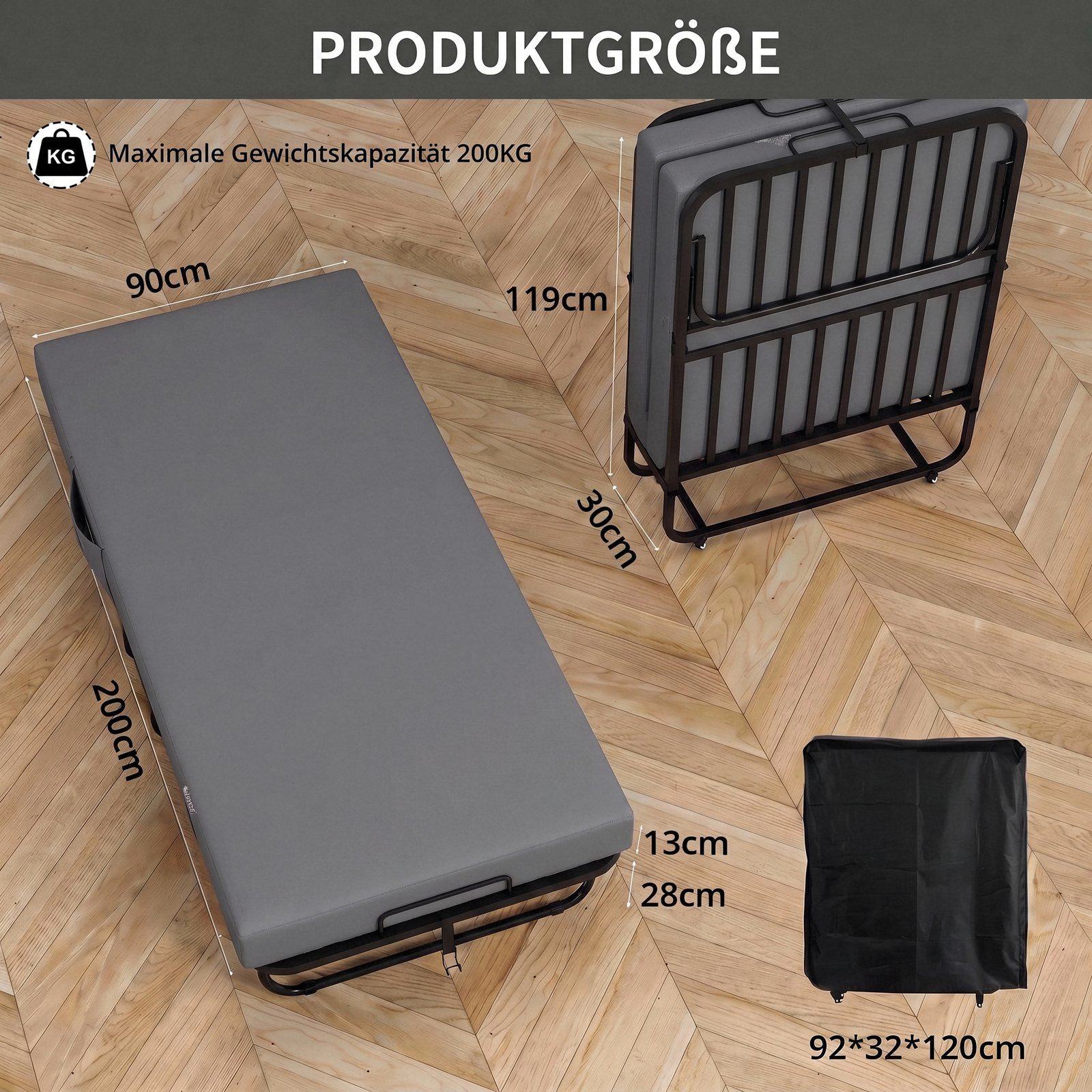 VOWNER Klappbett Gästebett, flexibles Tagesbett mit 13 cm Memory-Schaum Matratze (1-St) Outdoor Reisebett 200x90 cm, stabil & mobil mit Staubschutzhülle