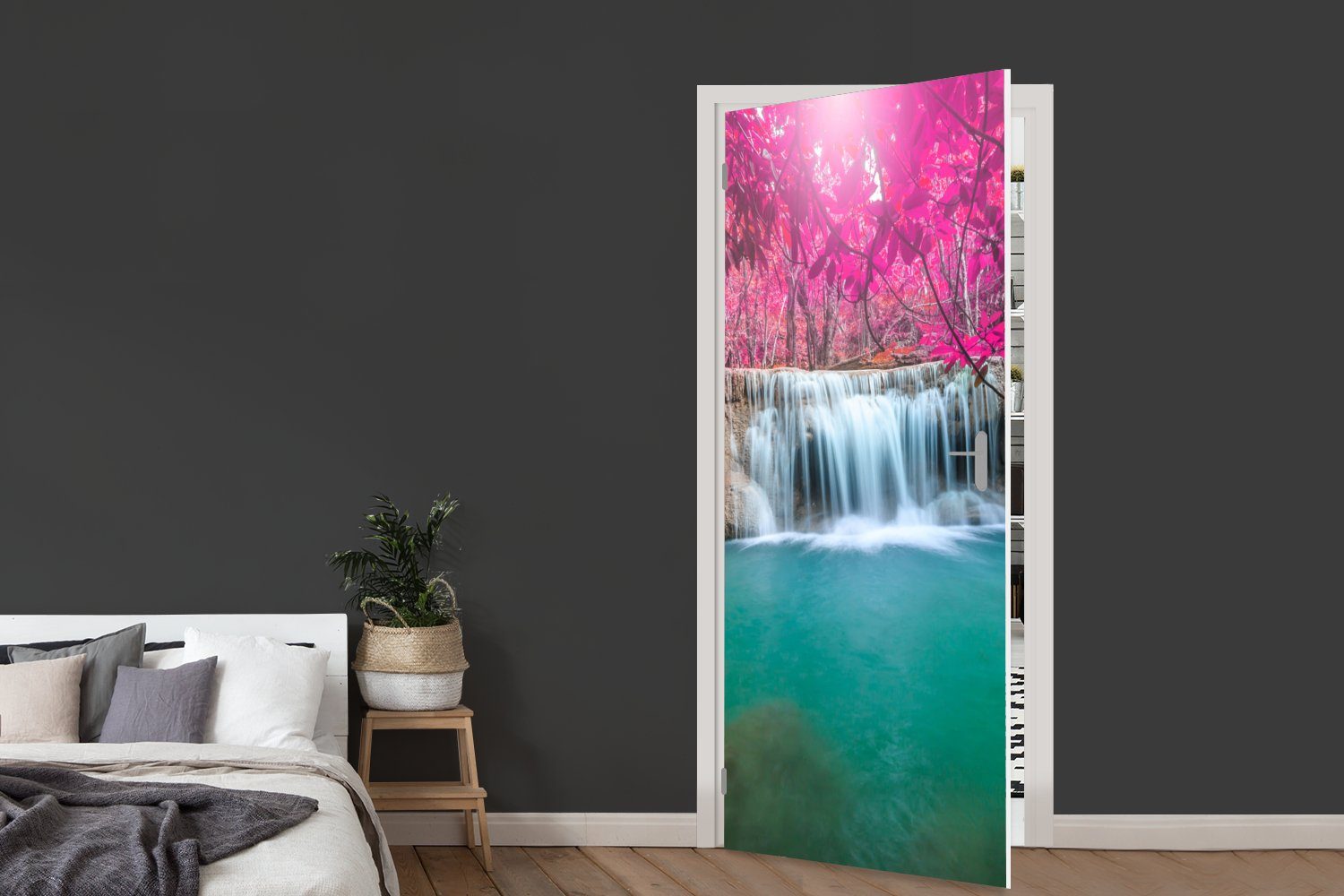 - Natur, 75x205 St), Türaufkleber, Tür, - Rosa MuchoWow Wasserfall cm Matt, für Fototapete bedruckt, Baum (1 - Türtapete