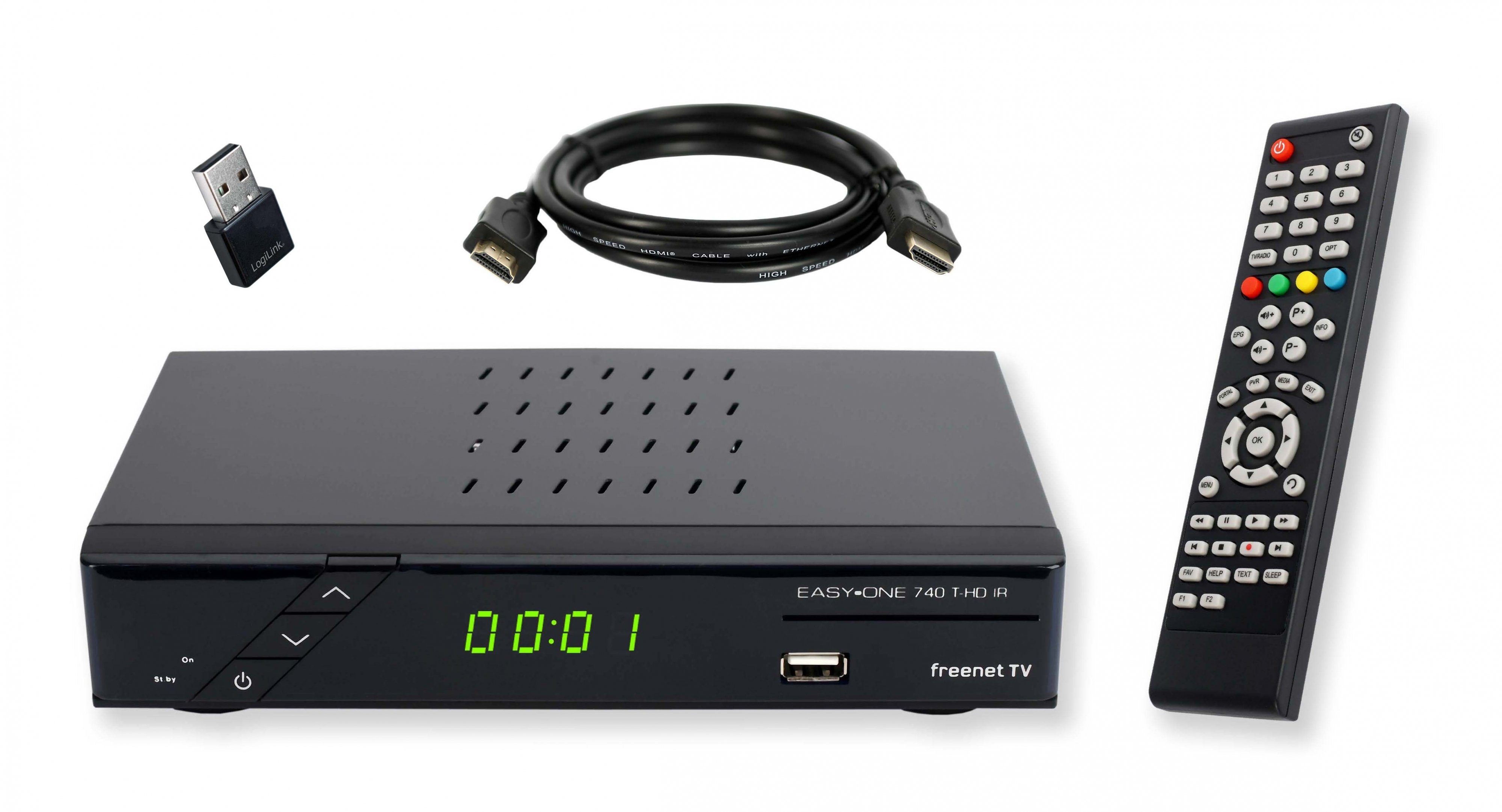 EasyOne 740 HD freenet TV, Full HD DVB-T2 HD Receiver (1,5m HDMI Kabel, WLAN  Stick, Media Player)