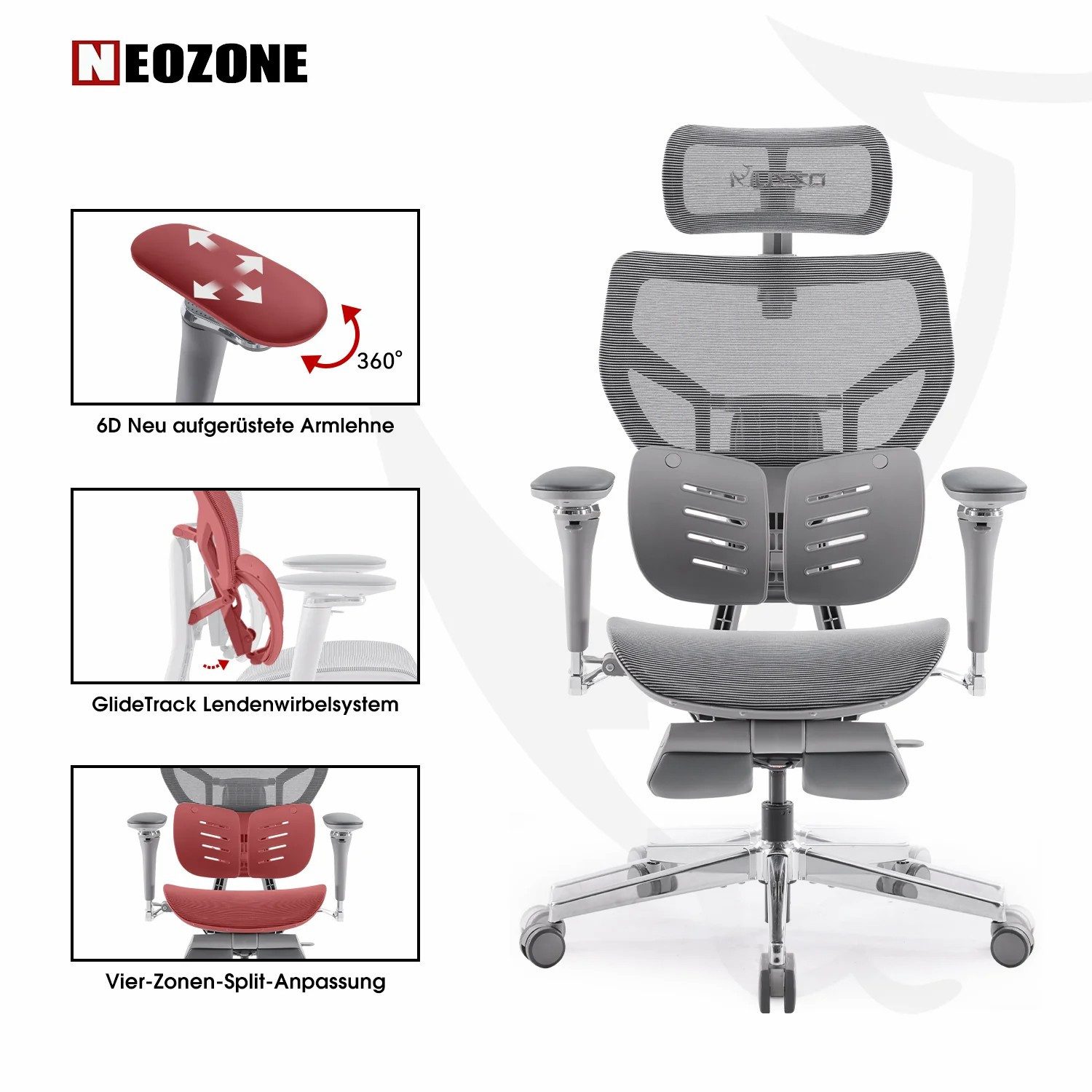 Musso Bürostuhl mit GlideTrack-Lendenstütze, 6D-Armlehnen & Fußstütze (1 St), Ergonomischer Computerstuhl, Schreibtischstuhl, Gaming-Stuhl