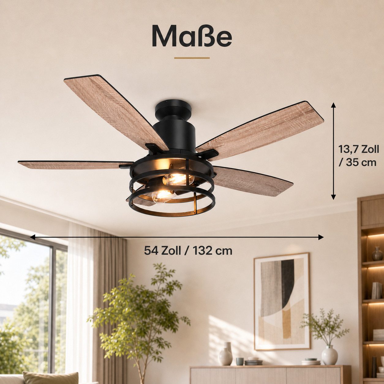 Rosnek Deckenventilator mit Licht, 132 cm, Fernbedienung & 6 Stufen, Leiser DC-Motor, Timer, Wendeflügel für Schlaf- & Wohnzimmer