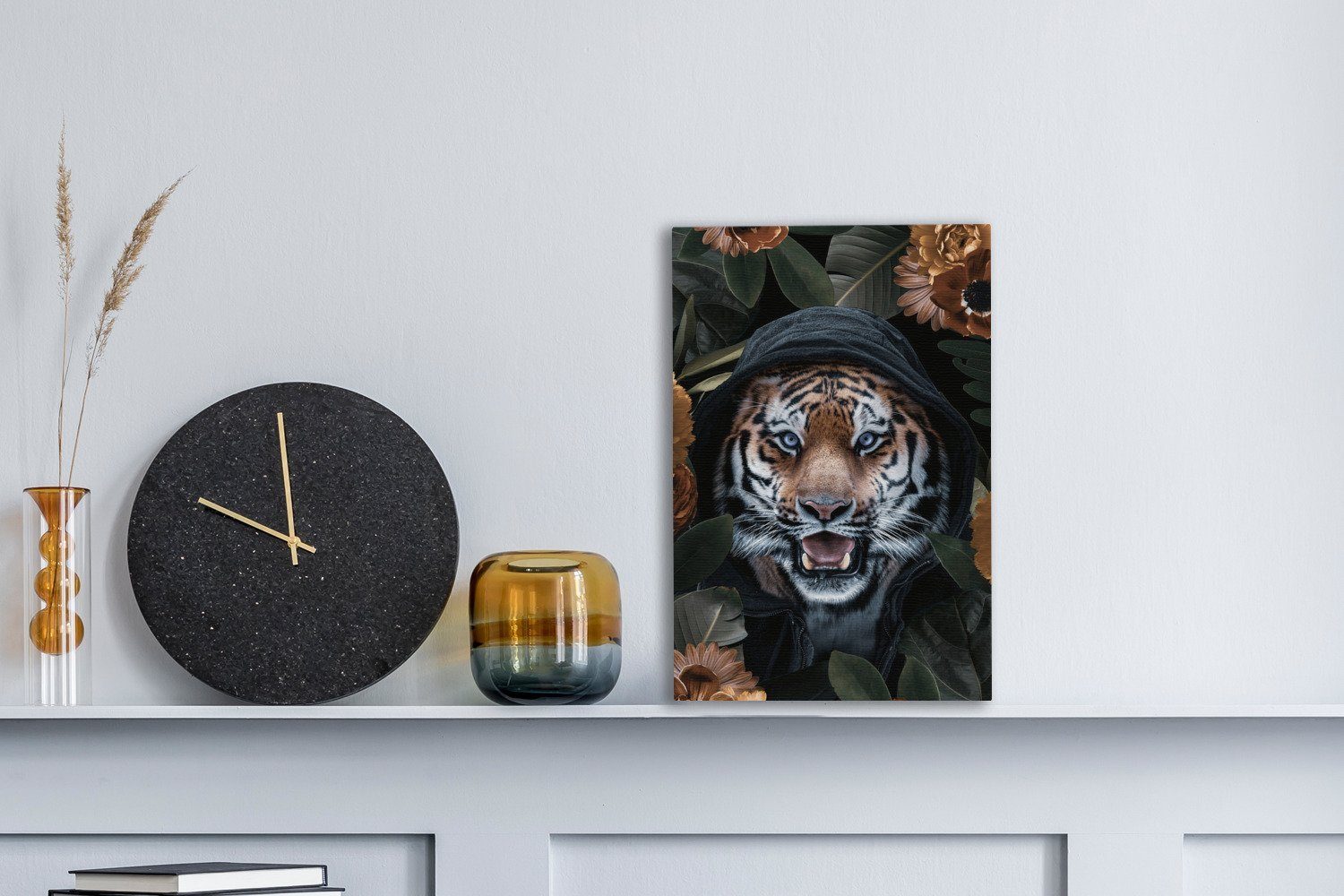 OneMillionCanvasses® Leinwandbild Tiger bespannt inkl. St), Orange, Leinwandbild Blumen cm Zackenaufhänger, 20x30 (1 fertig - Gemälde, 